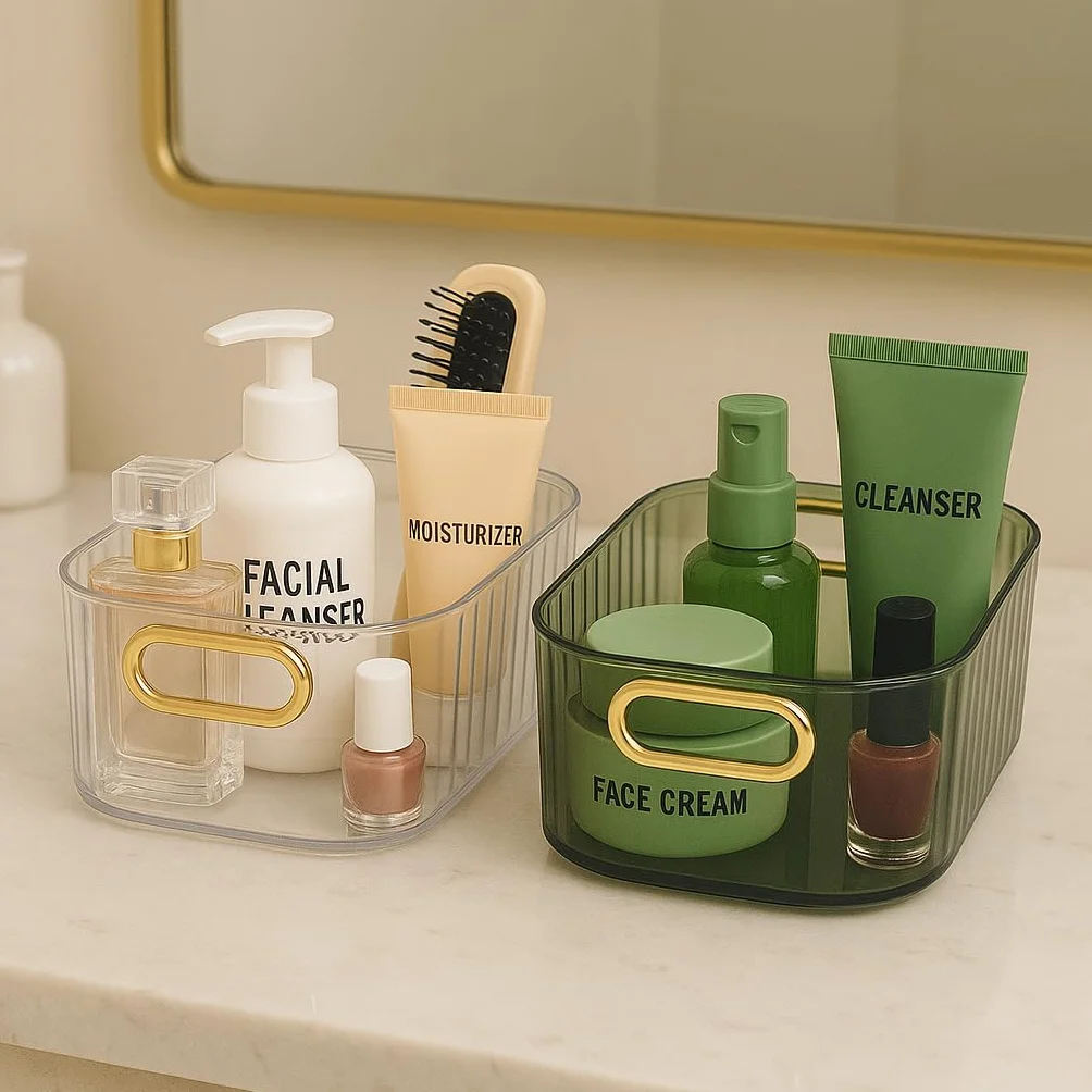 Esila Cestini Portaoggetti in Plastica, 2 Pezzi Organizer con Manici Dorati, Scatole Portaoggetti Trasparente e Verde, Ideale per Bagno, Cucina, Ufficio, Vestiti e Trucco