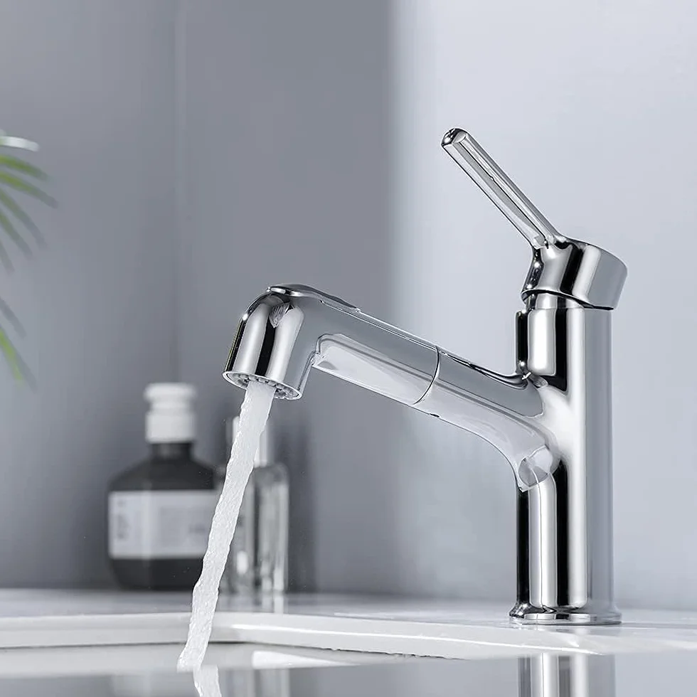 ONECE Rubinetto Bagno Lavabo con Doccetta Estraibile, 2 Modalità Getto, Miscelatore Monocomando in Ottone Cromato, Aeratore Rimovibile, Rubinetti Acqua Calda e Fredda