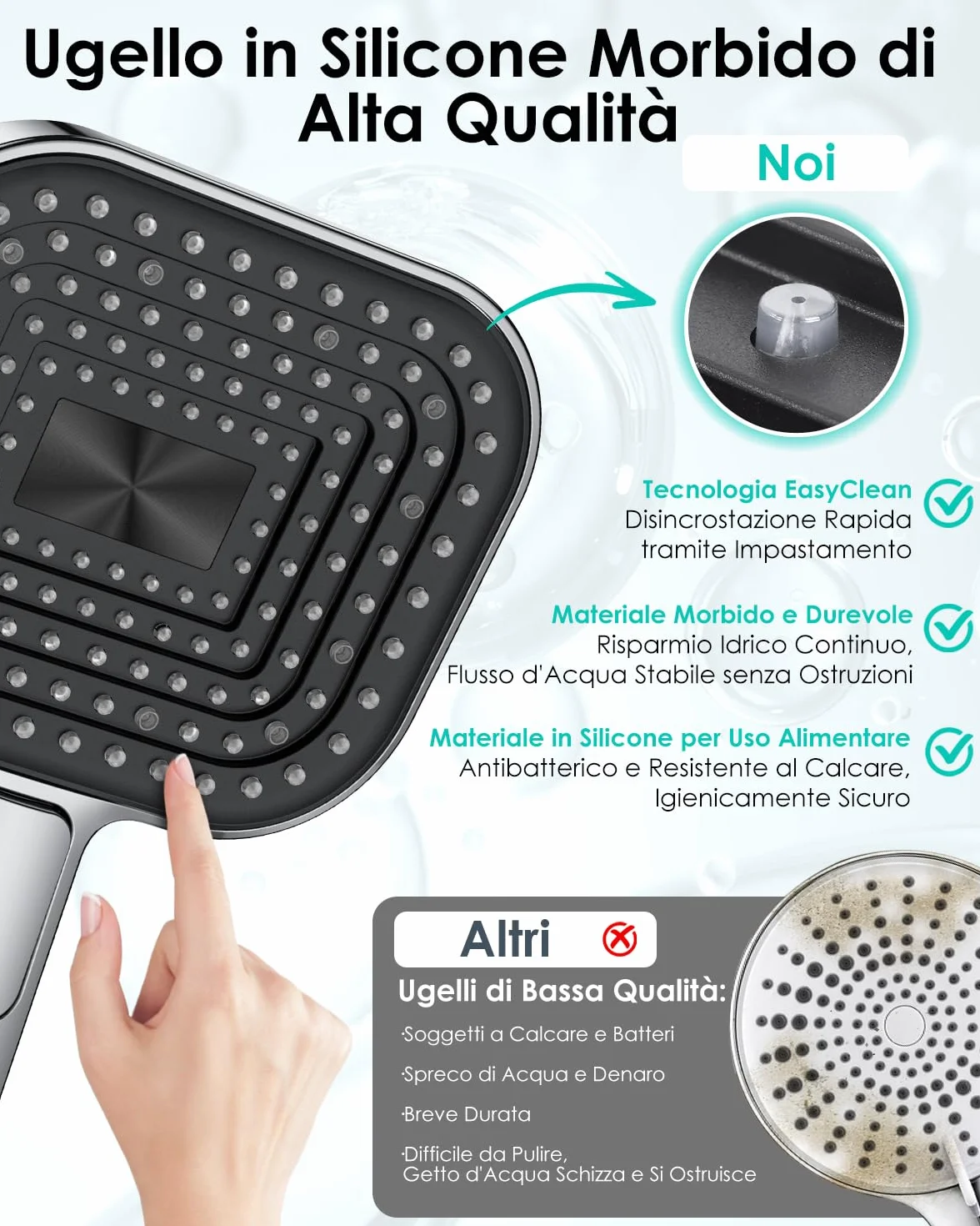 Soffione Doccia Anticalcare, Doccino per Doccia Alta Pressione, Doccetta Grande 135 mm 【Silicone Qualità Alimentare】, 【Risparmio idrico 43%】, Telefono Doccia 3 Modalità di Getto, Cromato (senza tubo)