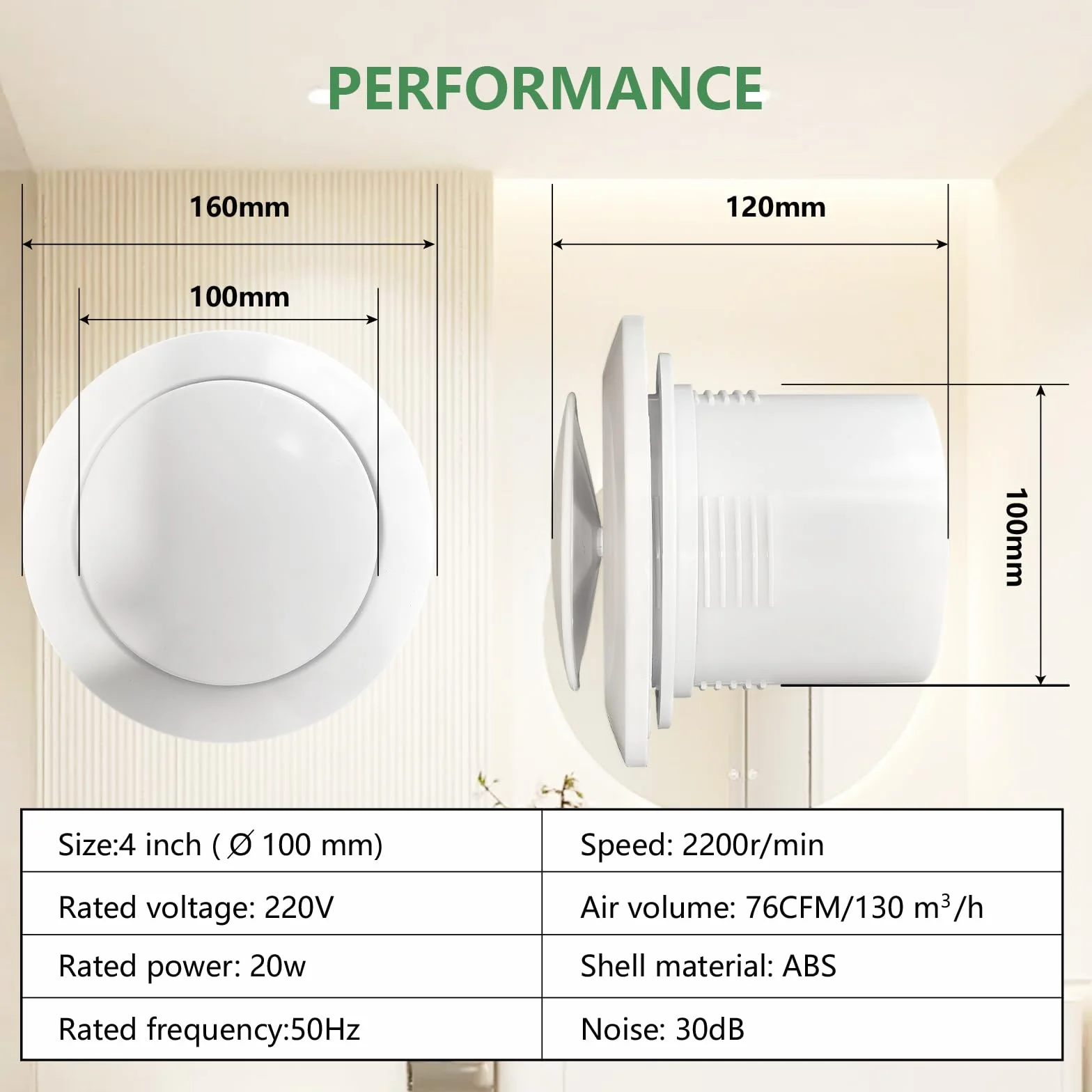 Ventilatore bagno 100 mm Silenzioso Aspiratore Estrattore aria 130m³/h Vortice