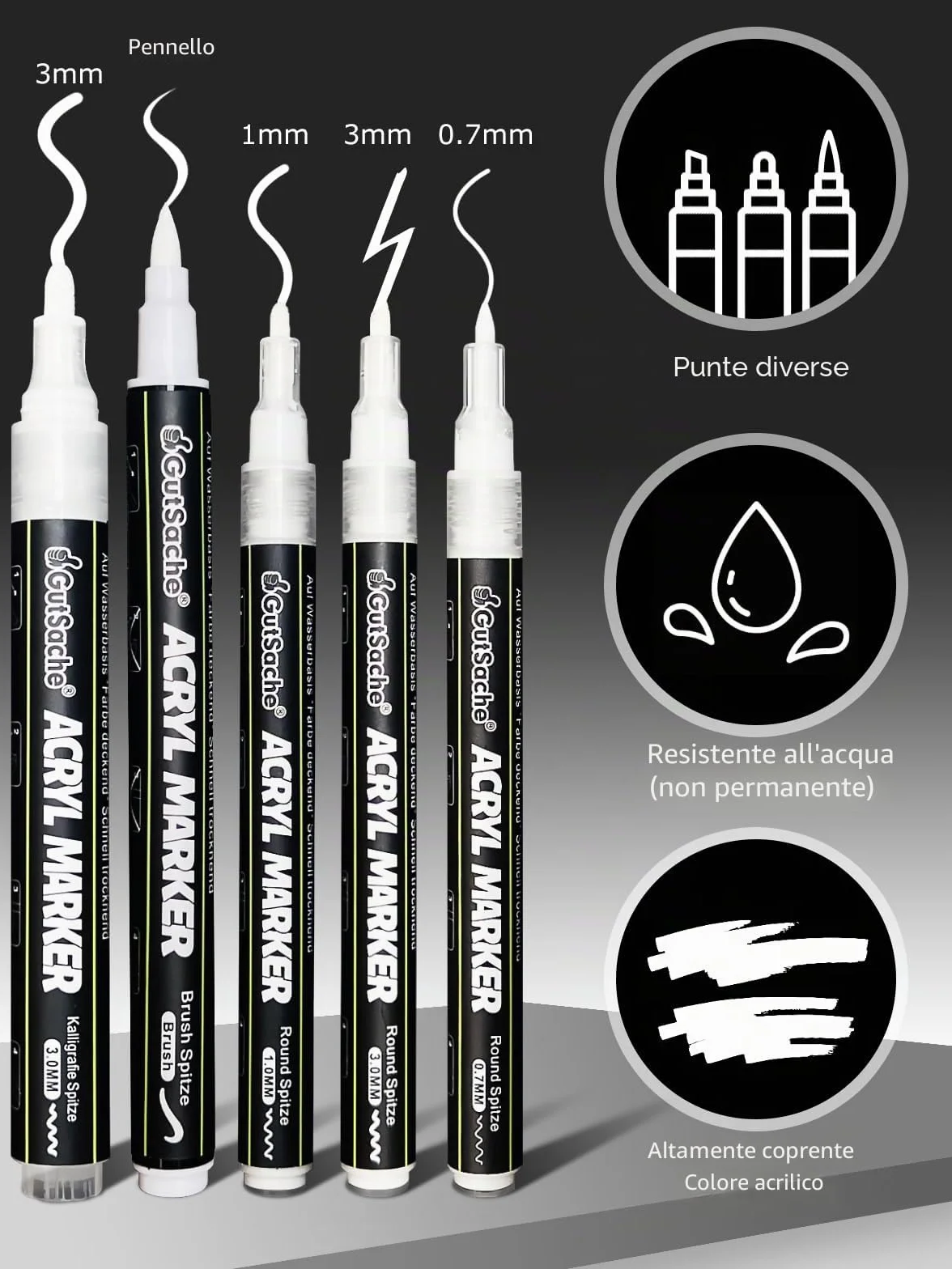 Confezione da 5 pennarelli acrilici bianchi, coprenti per legno, vetro, tessuto e molto altro ancora, ad asciugatura rapida, impermeabili, resistenti alla luce, per lettering a mano, ideali per arte