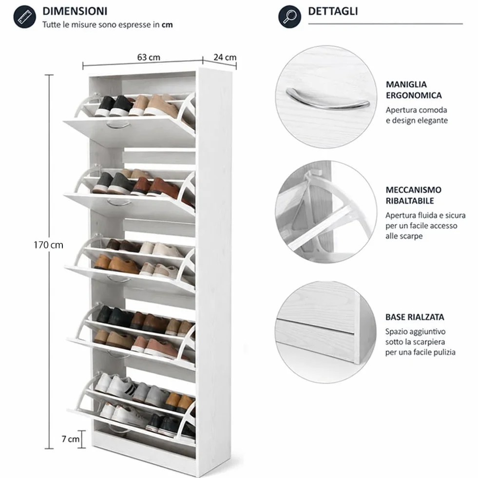 BAKAJI Scarpiera 5 Ripiani Salvaspazio con Maniglia, Portascarpe con Struttura in Legno e Ante a Ribalta con Doppio Fondo, Capacità Fino a 30 Paia di Scarpe, 63 x 24 x 170 cm (Bianco)