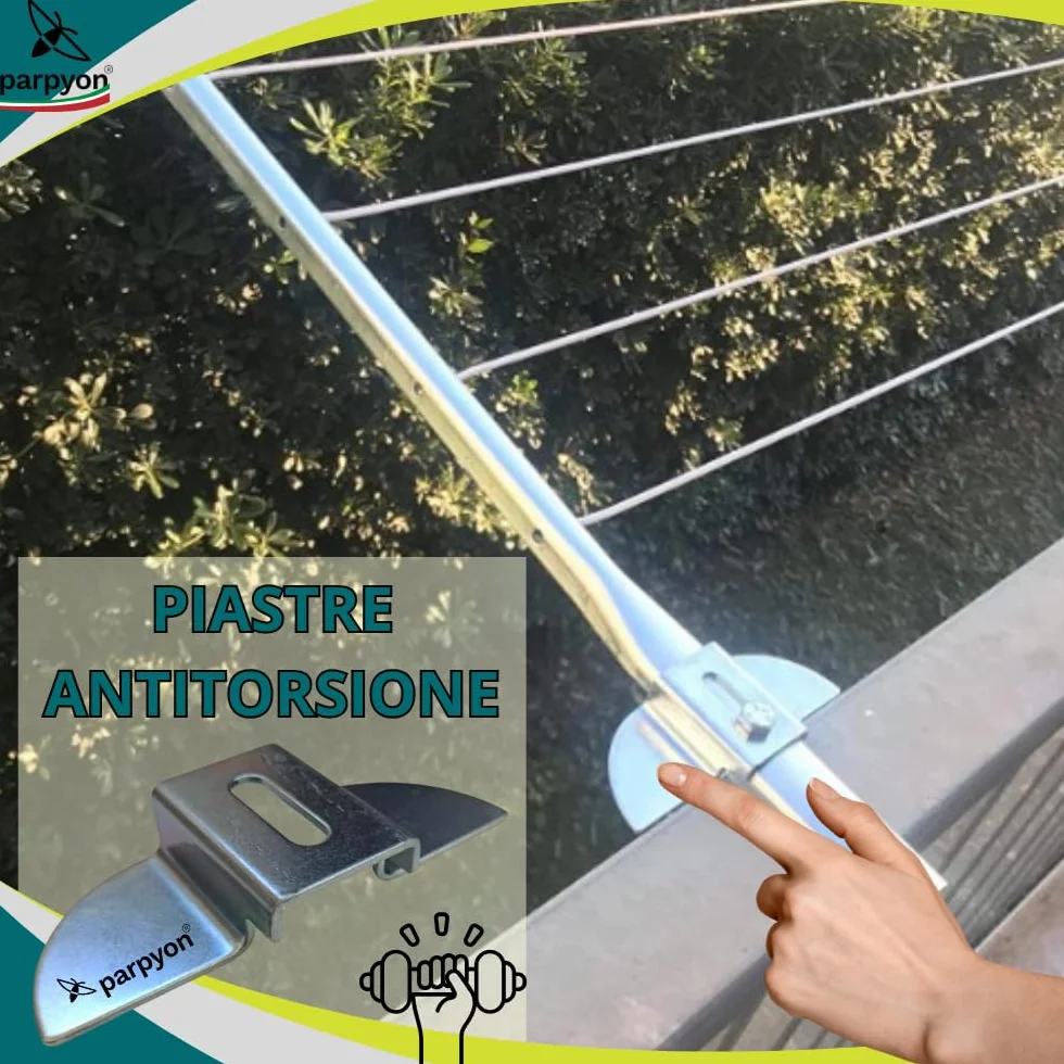 parpyon® Bracci Stendibiancheria da balcone esterno, Stendibiancheria da parete o ringhiera in ferro per filo per stendere il bucato prodotto 100% Italiano (Fisso c/piastra, Grigio scuro)