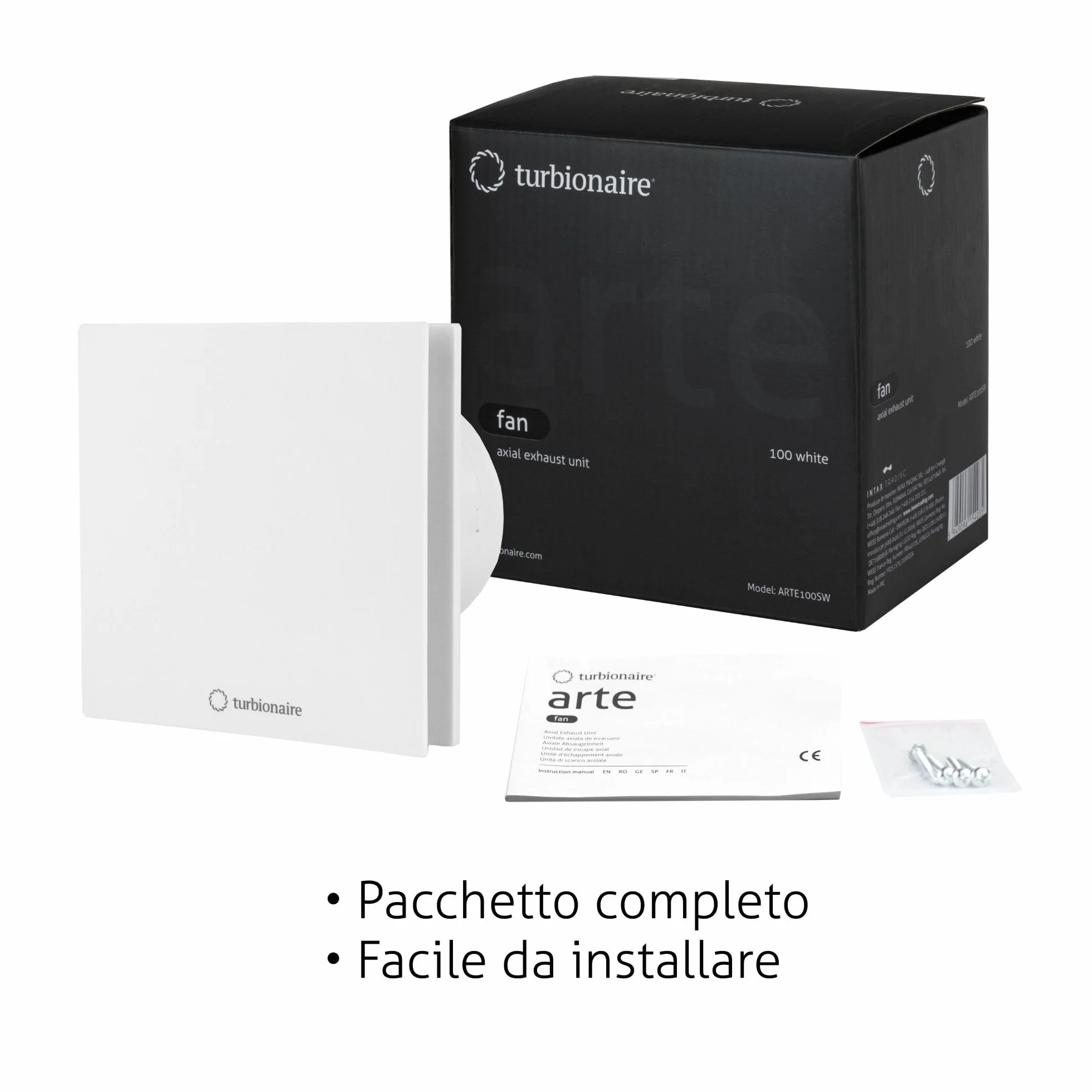 Turbionaire Arte 100SW Aspiratore Bagno 100 mm Valvola di Non Ritorno IPX4 Bianco