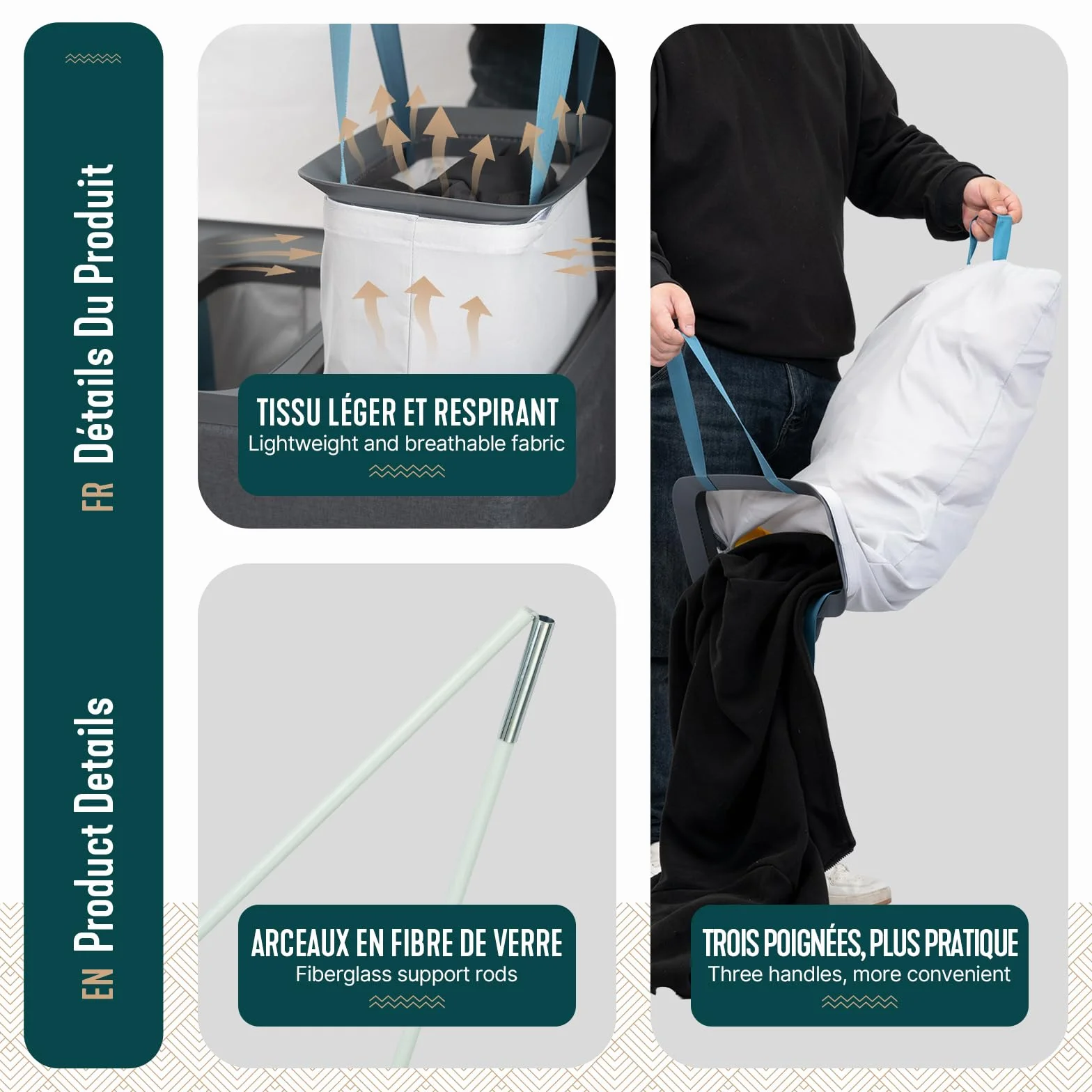 VOUNOT® Cesto Portabiancheria 170L Rettangolare a 3 Scomparti con Coperchio, Cesto Biancheria Grande Capacità con 3 Sacchi Rimovibili Autoportante e Manici, per Bagno, Camera e Lavanderia, Antracite