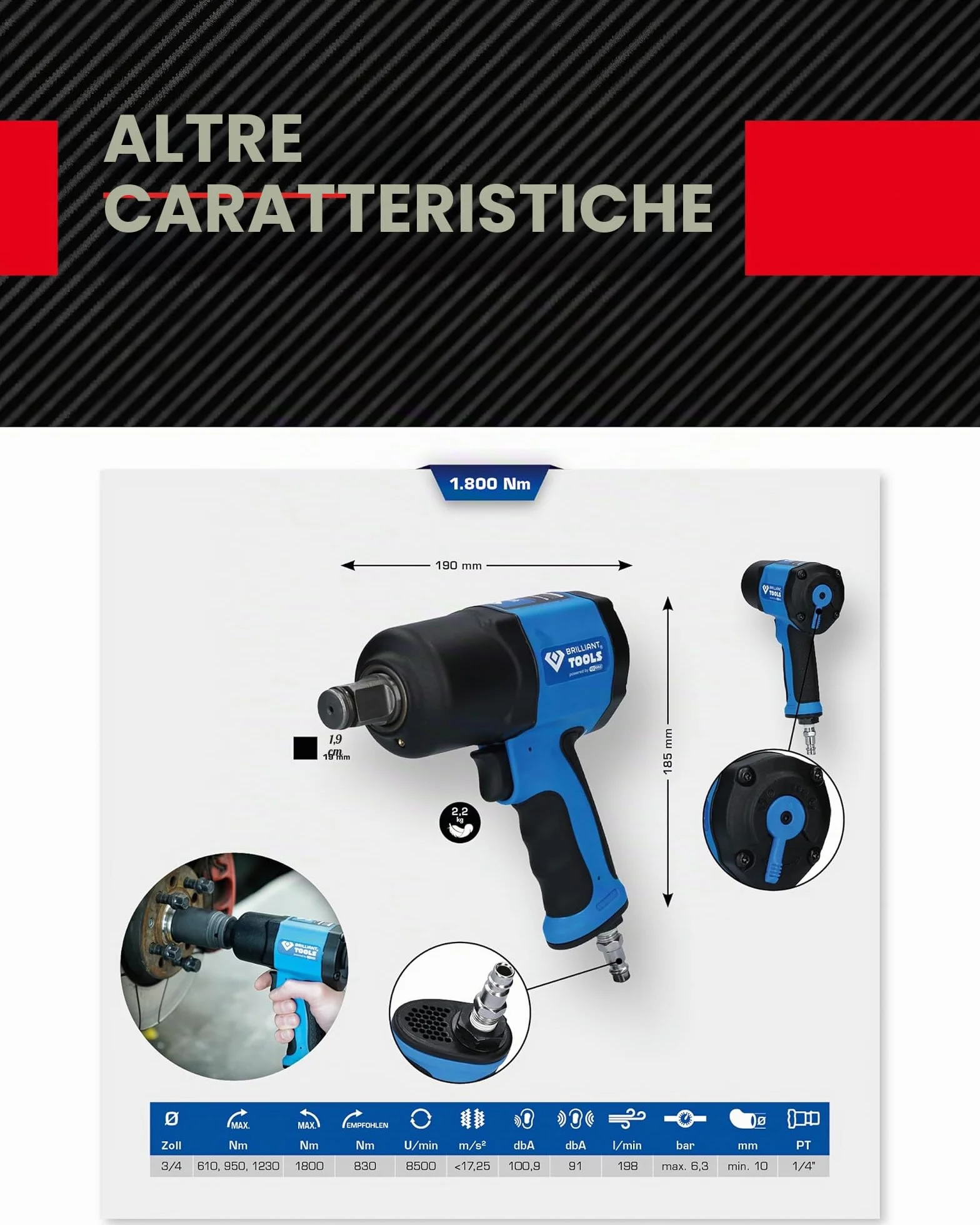 BRILLIANT TOOLS BT160200 3/4" Avvitatore ad impulsi ad aria compressa, 1.800 Nm