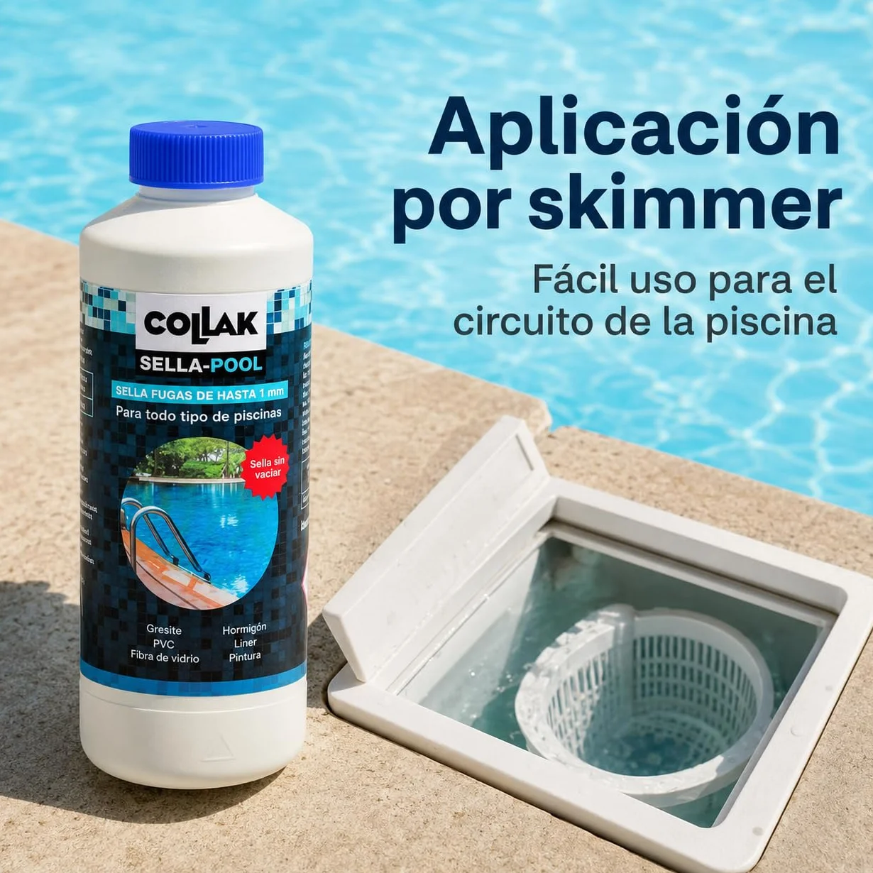 Collak Sigillante per perdite per piscina Seala-Pool 1L - Ripara crepe senza vuoto - Compatibile con Liner, Calcestruzzo, PVC, Fibra, SPA, Serbatoi e Tubi - Uso professionale e domestico