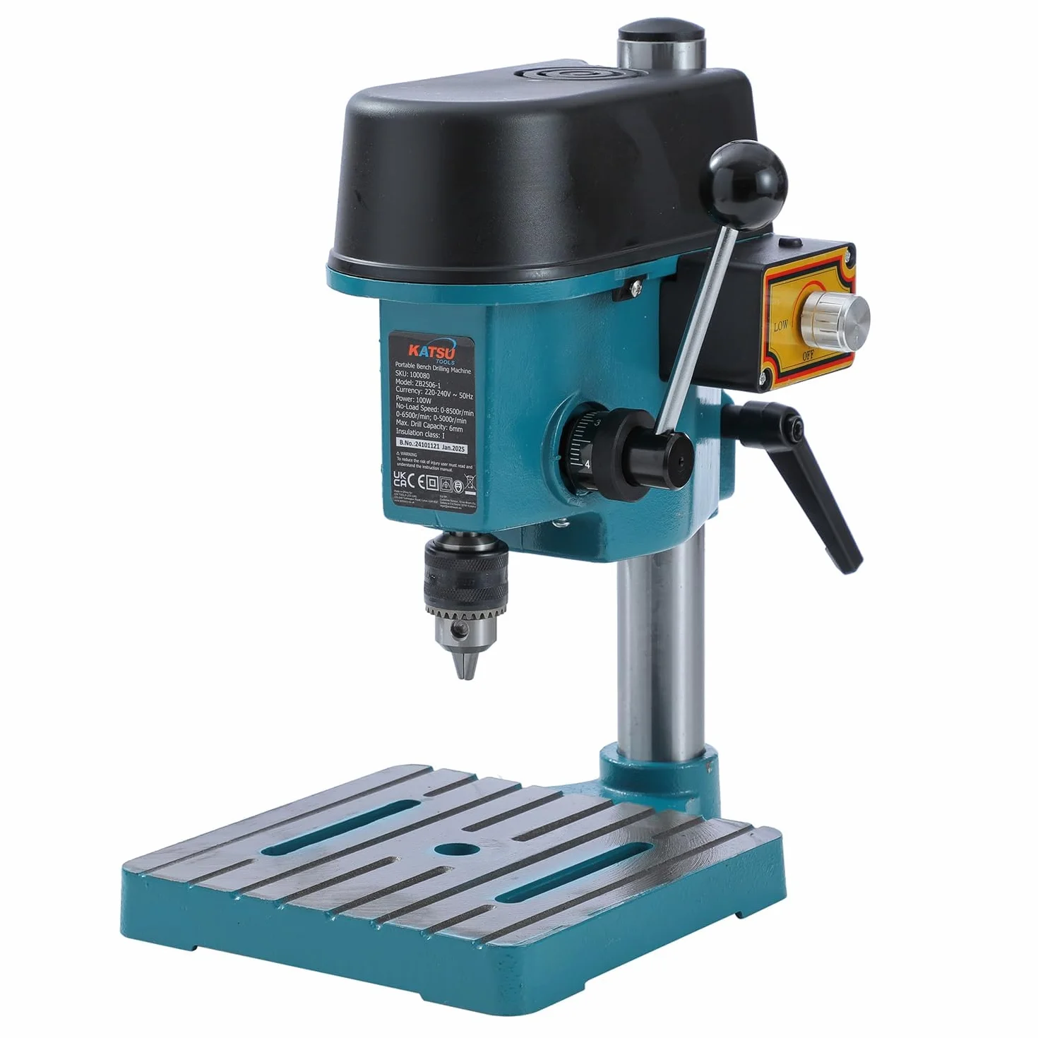 KATSU 100W Mini Trapano a Colonna Supporto per Banco da Lavoro con Interruttore Elettronico a Velocità Variabile e Mandrino da 6 mm per Legno, Metallo e Plastica