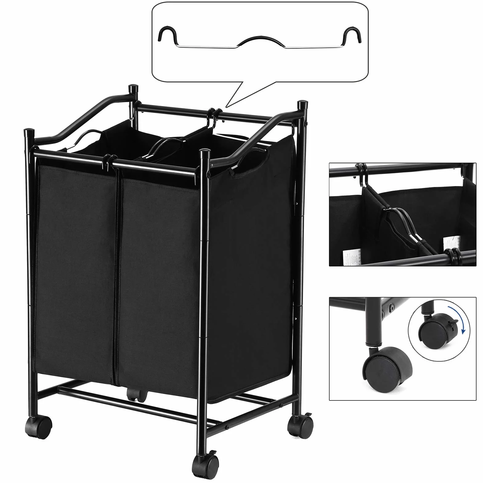 SONGMICS Carrello Porta Biancheria con 2 Sacchi Rimovibili, Ceste per Bucato con Rotelle Universali, capacità Totale di 90 Litri, Nero LSF002BK