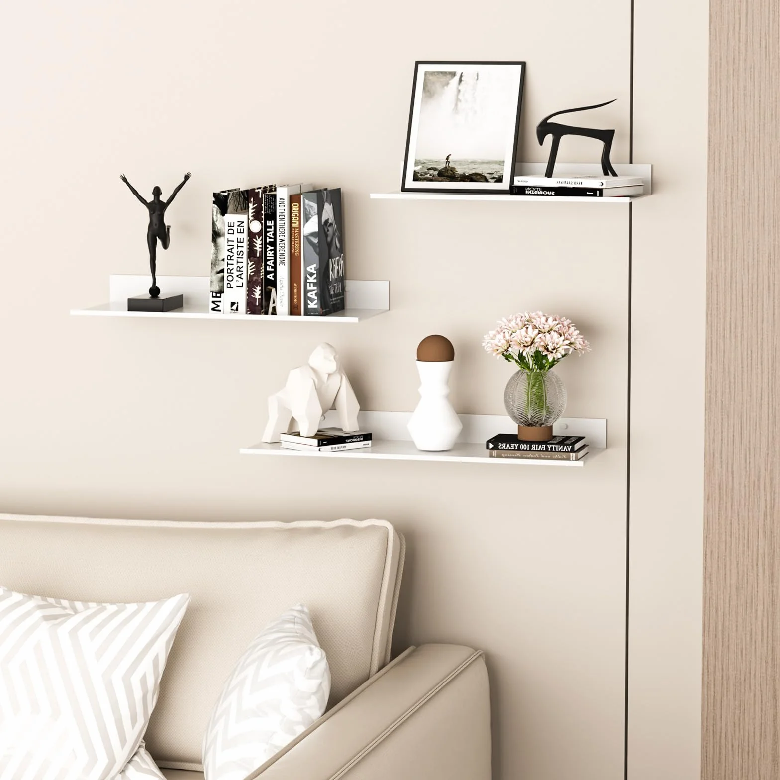 Wisfame Mensole da Muro Design Bianco, Moderne Mensola Decorative per Espositori Set di 3, Metallo Scaffale da Parete per Soggiorno, Camera da Letto, Cucina, Studio, Mensola Bagno Senza Foratura