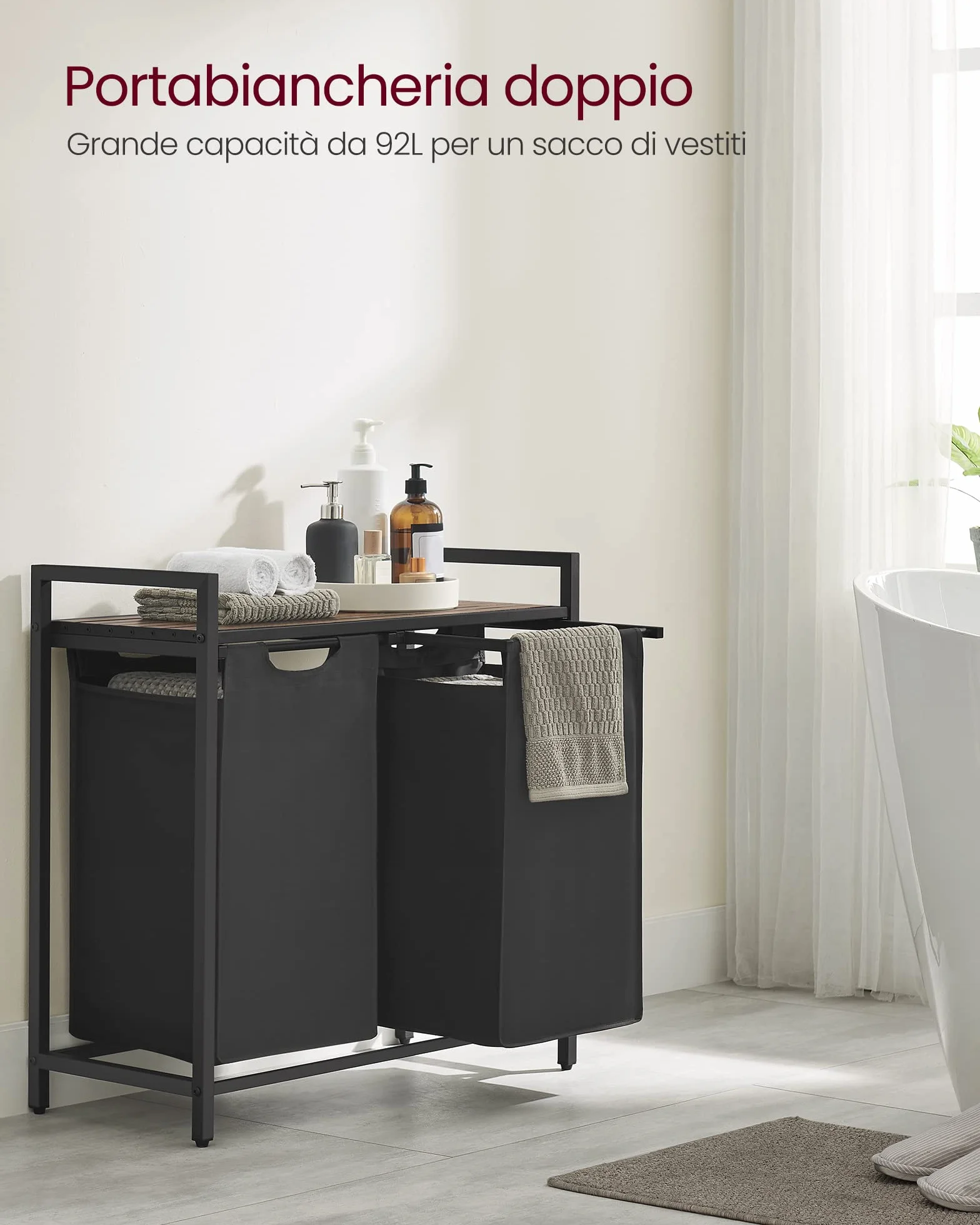 VASAGLE Cesto Portabiancheria, Porta Biancheria, 2 Sacchi in Tessuto Rimovibili, Piano d’Appoggio, Metallo, 2 x 46 L, 73 x 33 x 72 cm, Nero Inchiostro e Marrone Vintage BLH201B01
