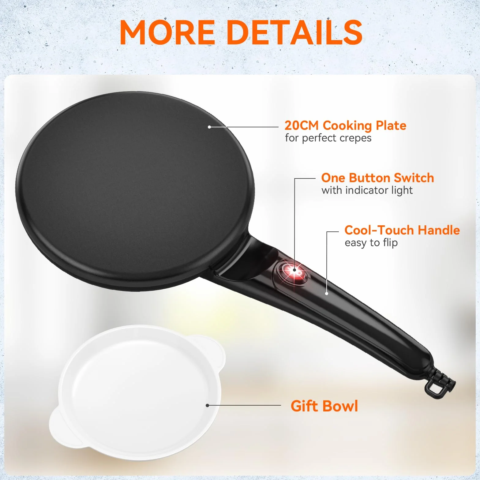 SNAILAR Crepiera Elettrica con Manico, Crêpes Maker Antiaderente, Piastra Crepes Macchina Portatile 800W per la Casa, Diametro 20 cm