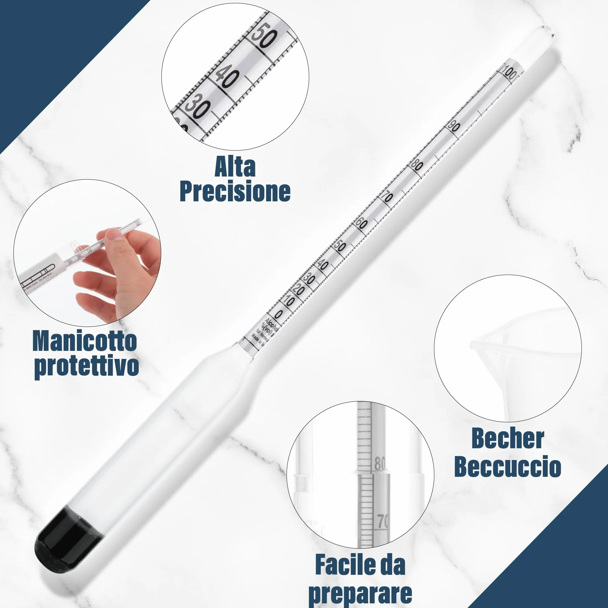 Alcolimetro 0-100% per distillati con idrometro 23 cm e provetta 100 ml