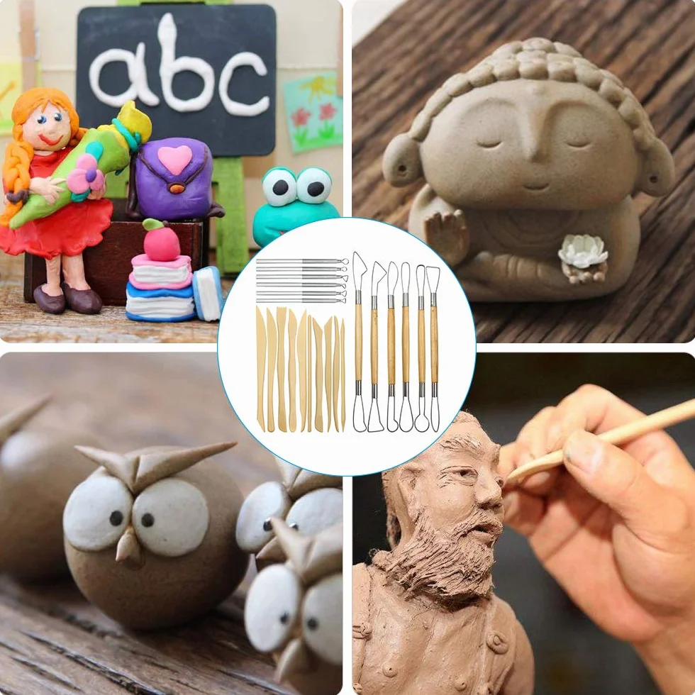 22 strumenti per scultura in argilla, manico in legno, utensili per intagliare la ceramica, metallo e strumenti per modellare l'argilla in plastica, per sculture in ceramica