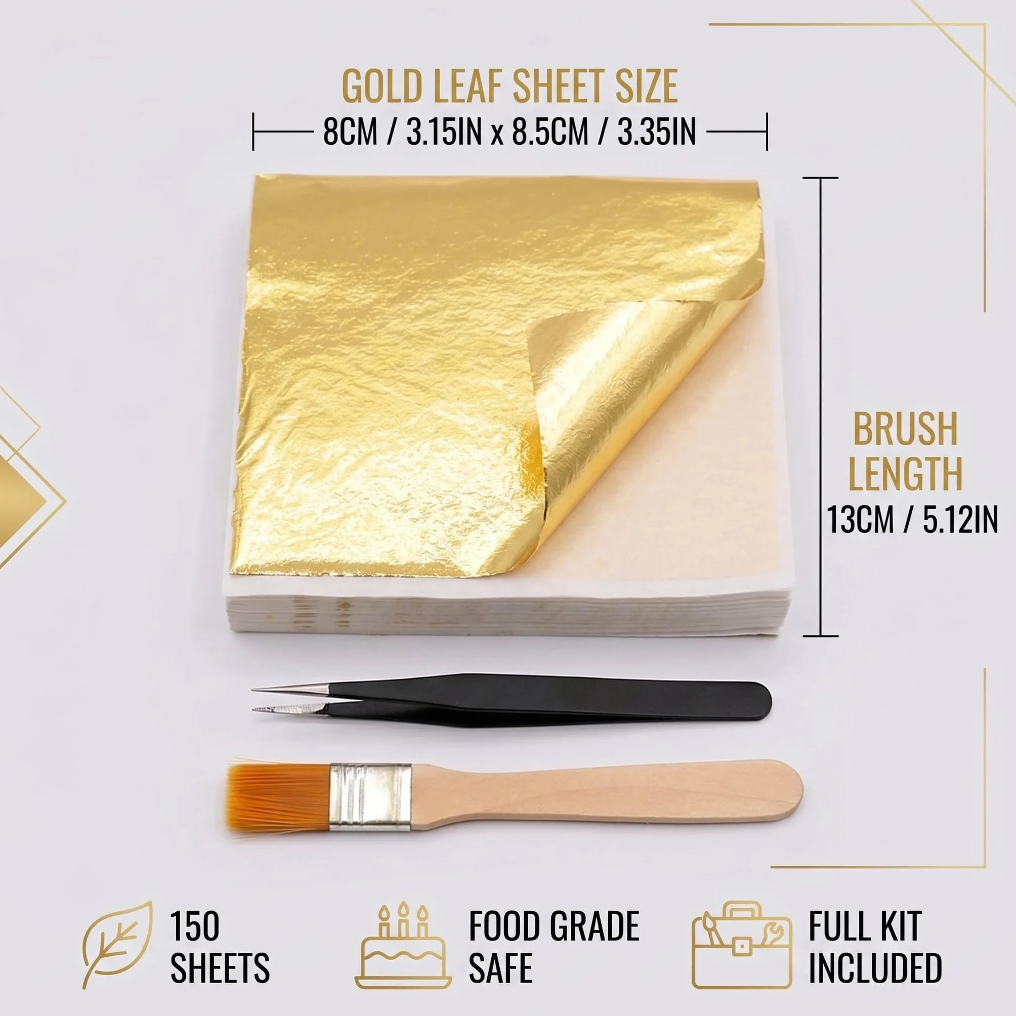 150 Fogli Foglia Oro Commestibile 8X8.5Cm, Carta Lamina Per Decorazione Torte/Artigianato/Pittura, Incl. Pinzette + Pennello, Oro Imitazione 24 Carati