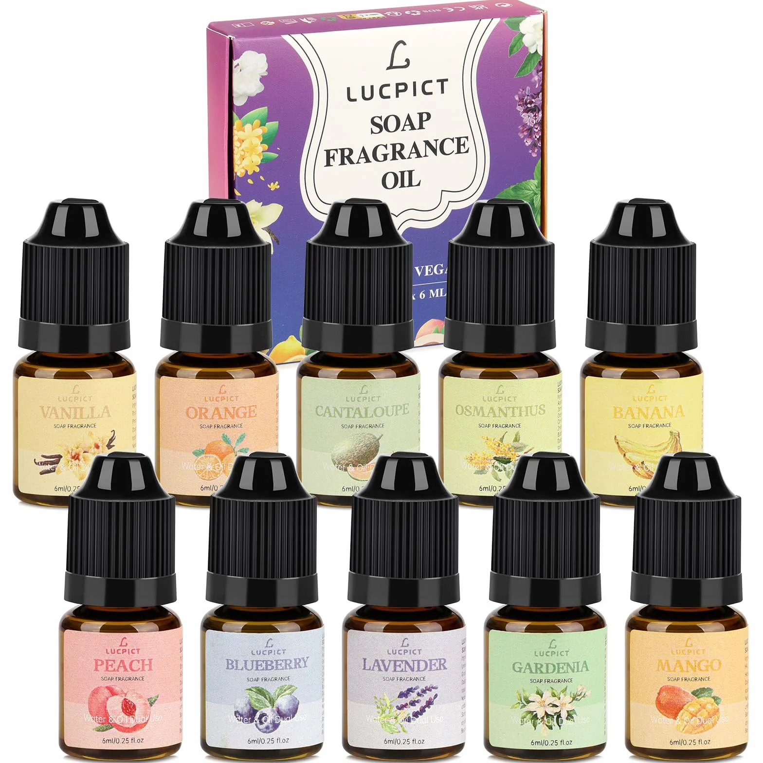 Set di oli profumati da 10 x 6 ml, olio profumato per la creazione di saponi, set di oli profumati liquidi per saponi, set di oli profumati di qualità alimentare per bombe da bagno fai da te