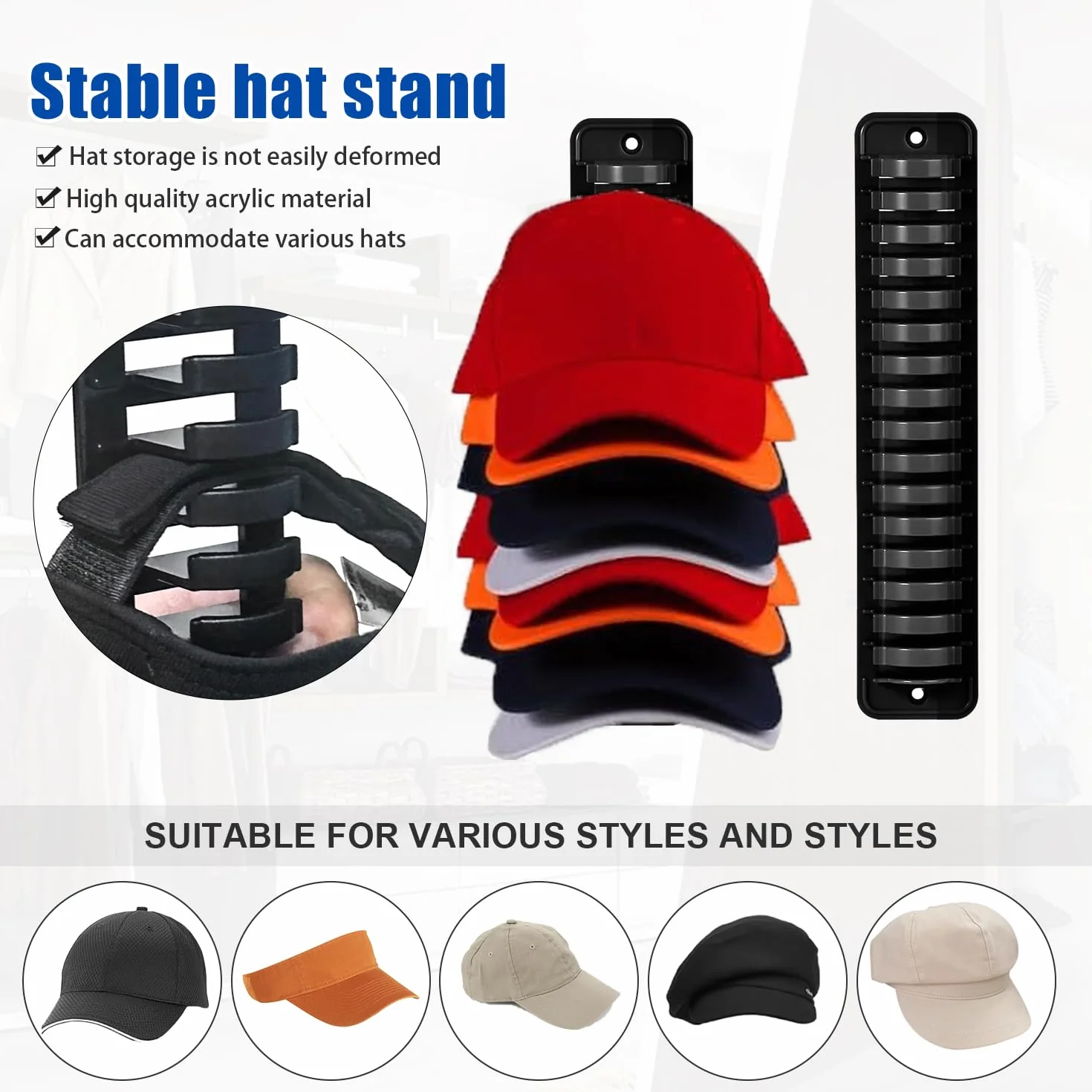 Porta Cappelli Parete Autoadesivo, Organizzatore Baseball Cap, Cappelliera 16 Cappelli, Nero