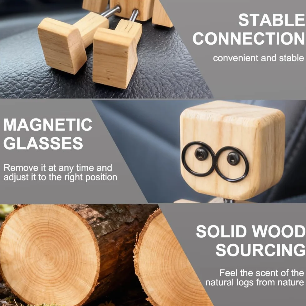 Vicloon Statuetta Uomo Legno Tremante Bambola Piedi Tremanti 12 Espressioni Accessori Cruscotto Auto Decorazione Scrivania Regalo Uomo Donna