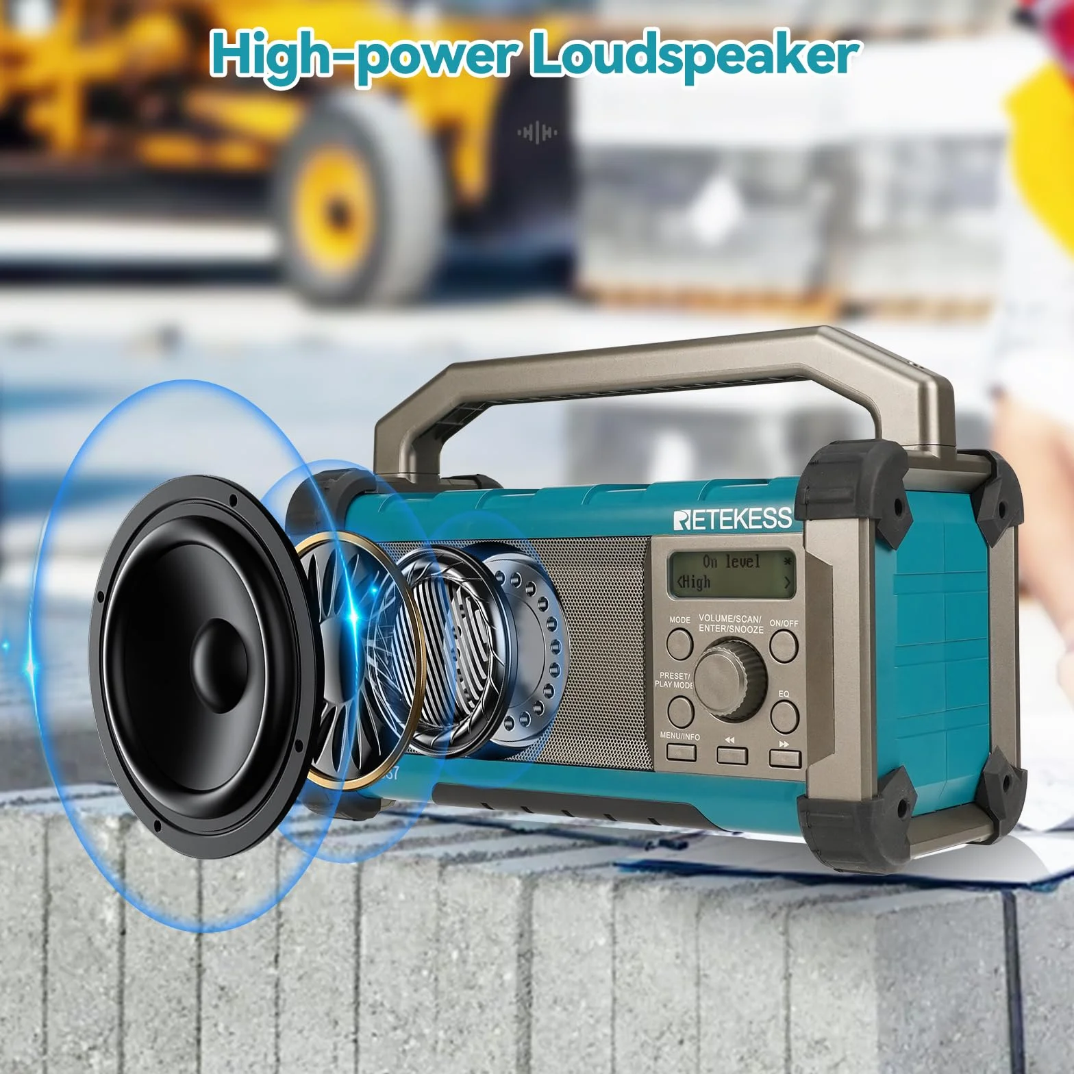 Retekess TR637 Radio da Cantiere,Radio FM AM Portatile con Wireless,con Batteria Ricaricabile da 5000mAh,Impermeabile,USB,Manico Portatile,Lavoro