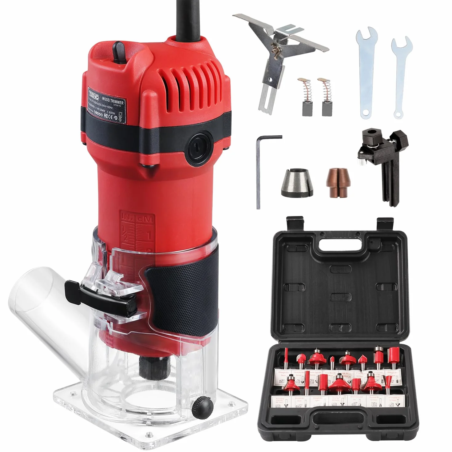 TEENO Rifilatore Fresatrice Verticale 800W 31000 RPM Con Copertura Antipolvere, Legno Rifilatrice Elettrica Con 15 pezzi 1/4" Fresatura Cuter e Mandrino 6/6.35 mm, Per lavorazione del legno