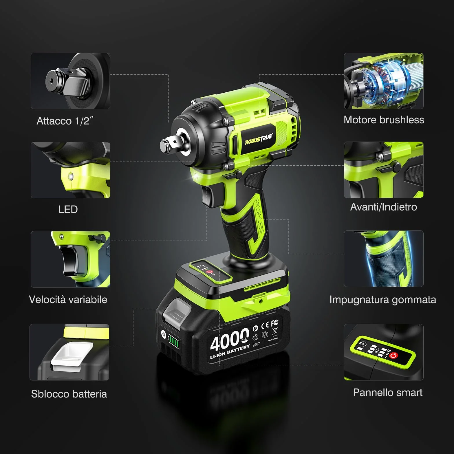 Robustrue Avvitatore a impulsi a batteria 1/2" 800 N·m brushless 2800 giri/min 2 batterie 4,0Ah 4 bussole