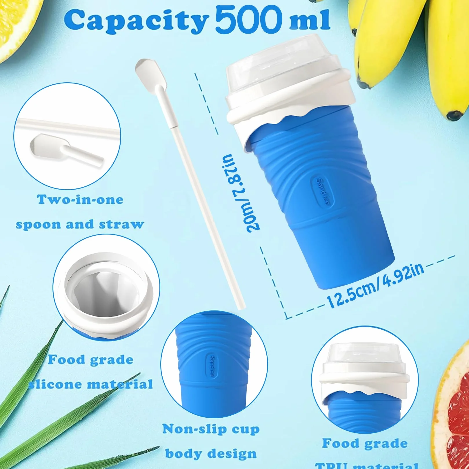 Slushy Maker Cup, Macchina per granita in silicone, Cucchiaio a cannuccia 2 in 1