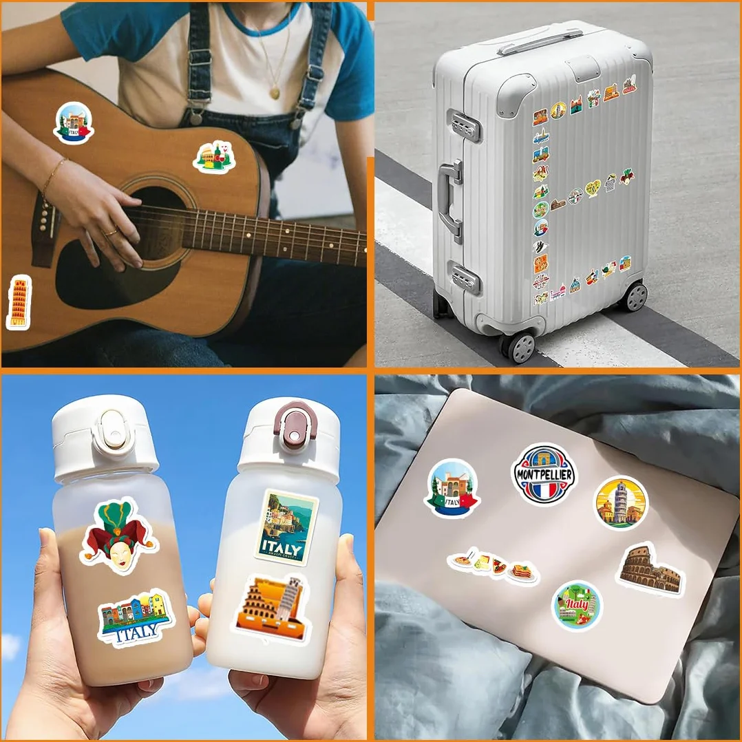 50 Adesivi Italia Impermeabili da Viaggio ZEPIQOR per Valigie, Bagagli, Bottiglia d'Acqua, Skateboard, Chitarra, Laptop