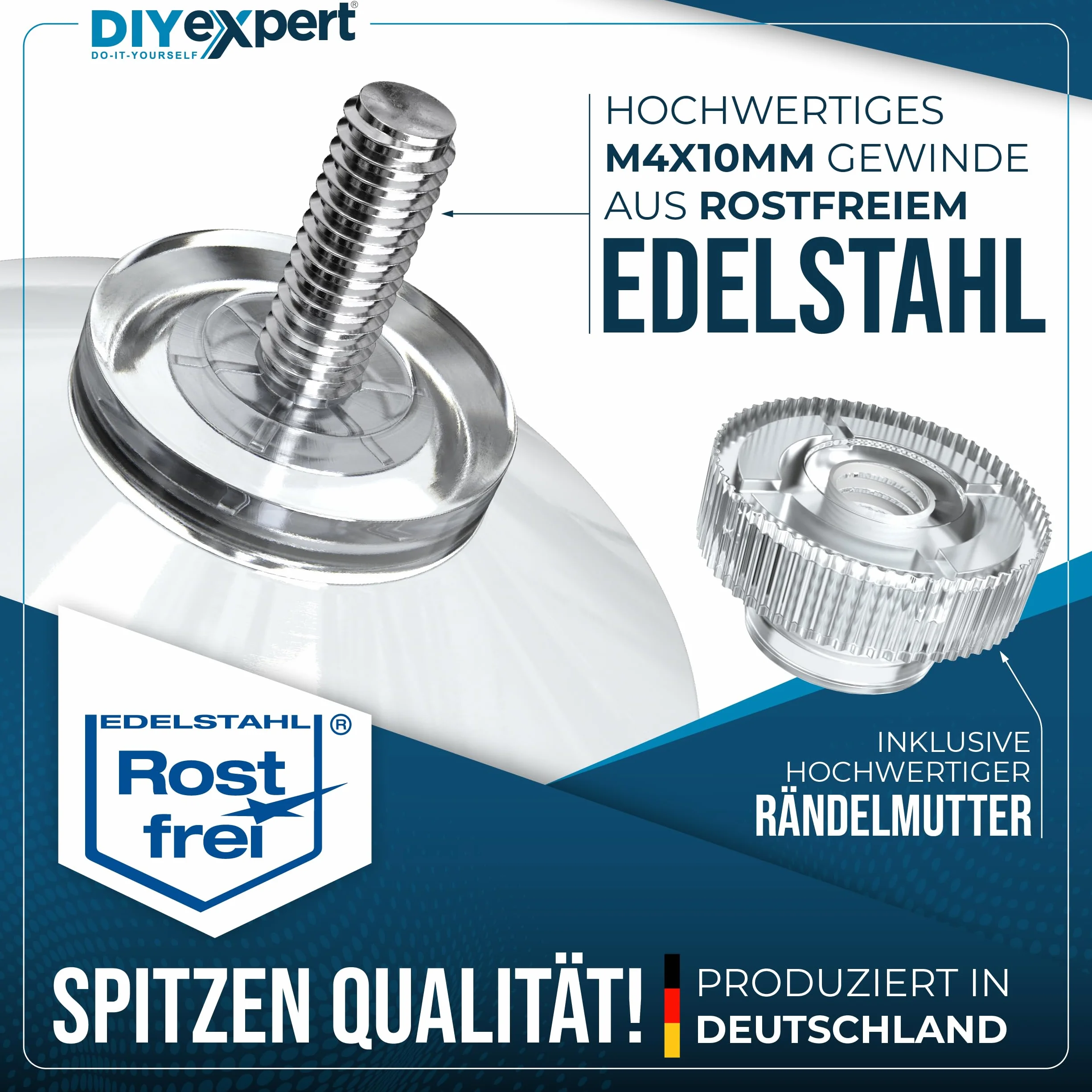 DIYexpert® - Ganci con Ventosa, Diametro 50 mm, con Filettatura M4 x 10 mm, 12 Pezzi, con Dadi zigrinati Trasparenti, Realizzati in Germania