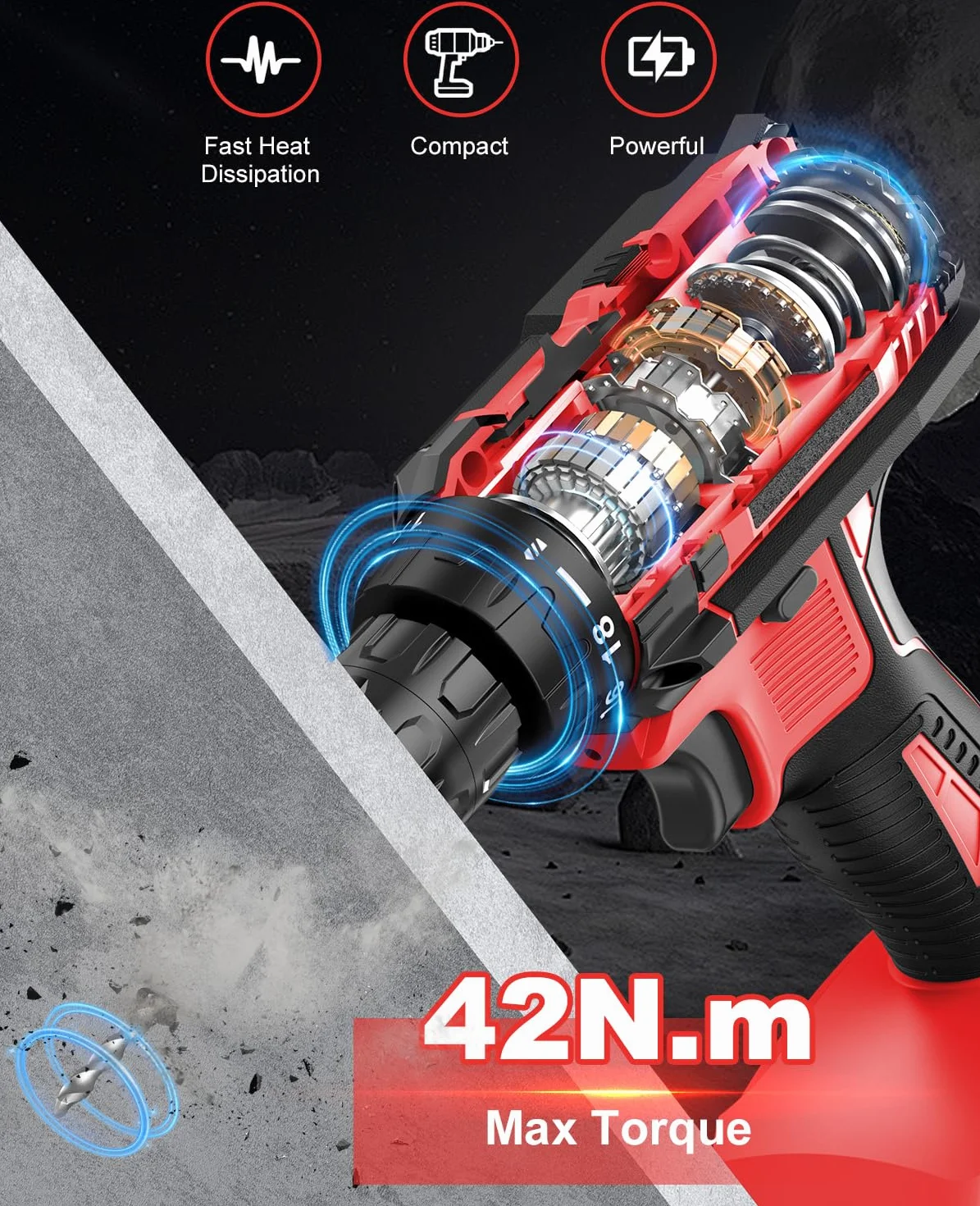 MHPRO Trapano Avvitatore Batteria 21V, Avvitatore a Batteria con Batterie 2.0Ah, 42Nm Avvitatore Elettrico, 18+1 Coppie, 2 Velocità, 22CS Accessori, LED Luce per Casa Progetto