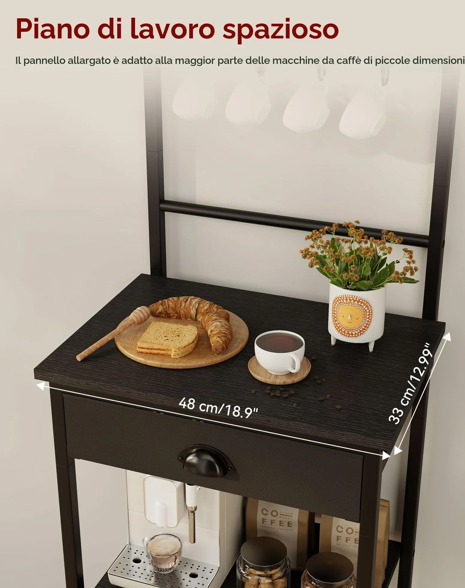 YMYNY Scaffale da Cucina, Porta-caffè in legno a 5 livelli, Scaffale per macchina del caffè, Organizzatore di 12 ganci, Cassetti in tessuto, 33 x 43 x 134,5 cm, per Soggiorno, Ufficio, Nero HBR009B