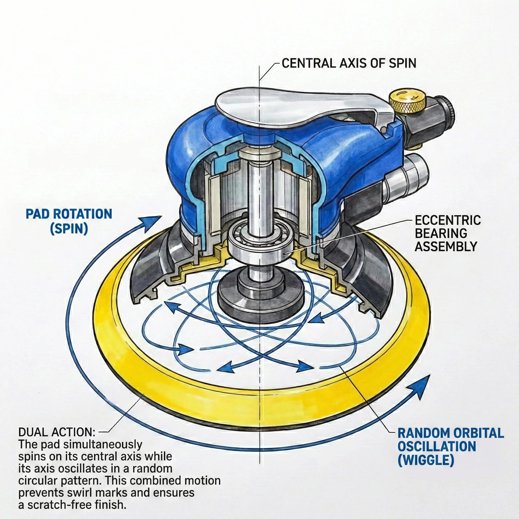 Levigatrice Rotorbitale Pneumatica ORAZIO 6" 150mm Random Orbitale A Doppia Azione con Carta Vetrata e Accessori