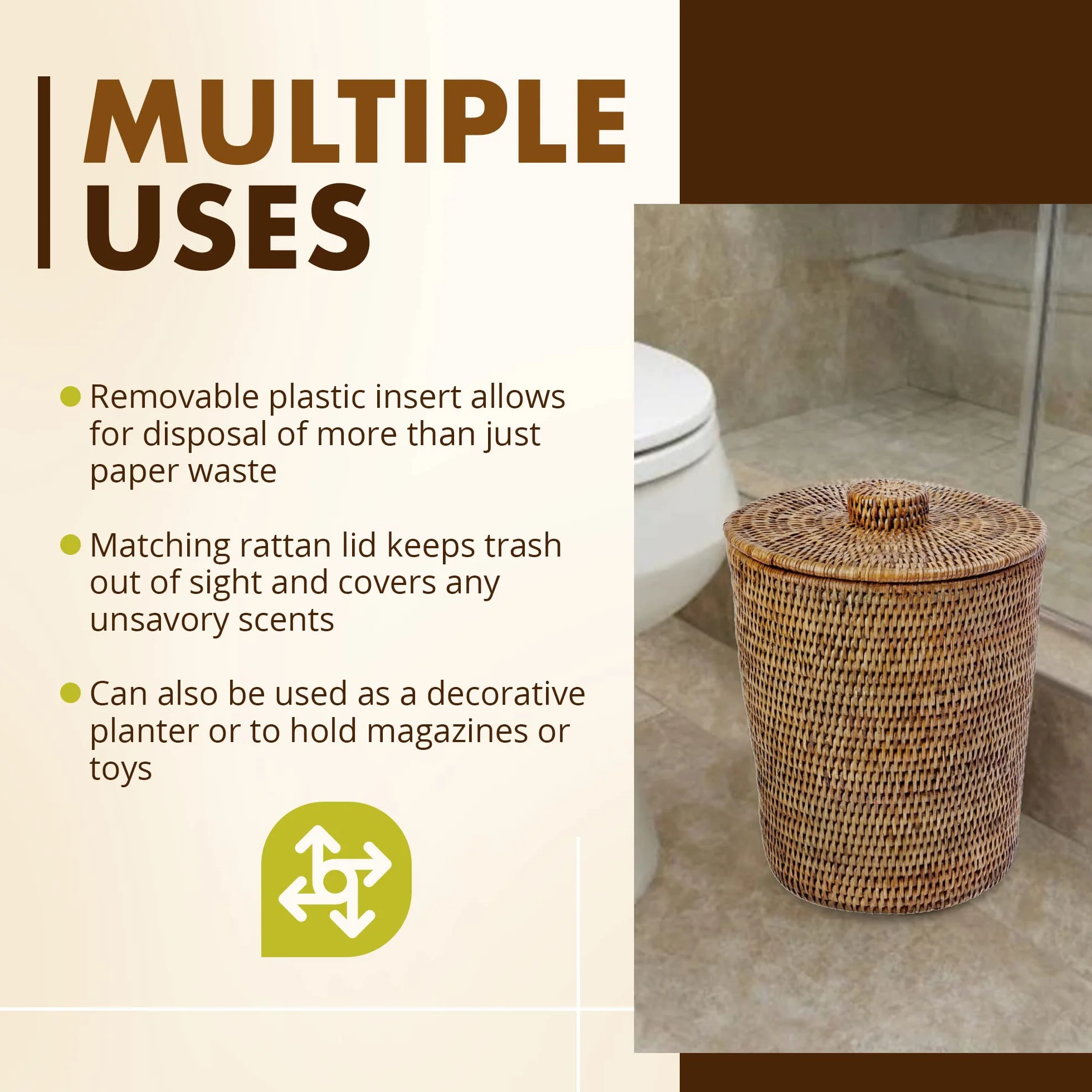 Kouboo La Jolla - Cestino rotondo in rattan con inserto e coperchio in plastica, colore: Marrone miele