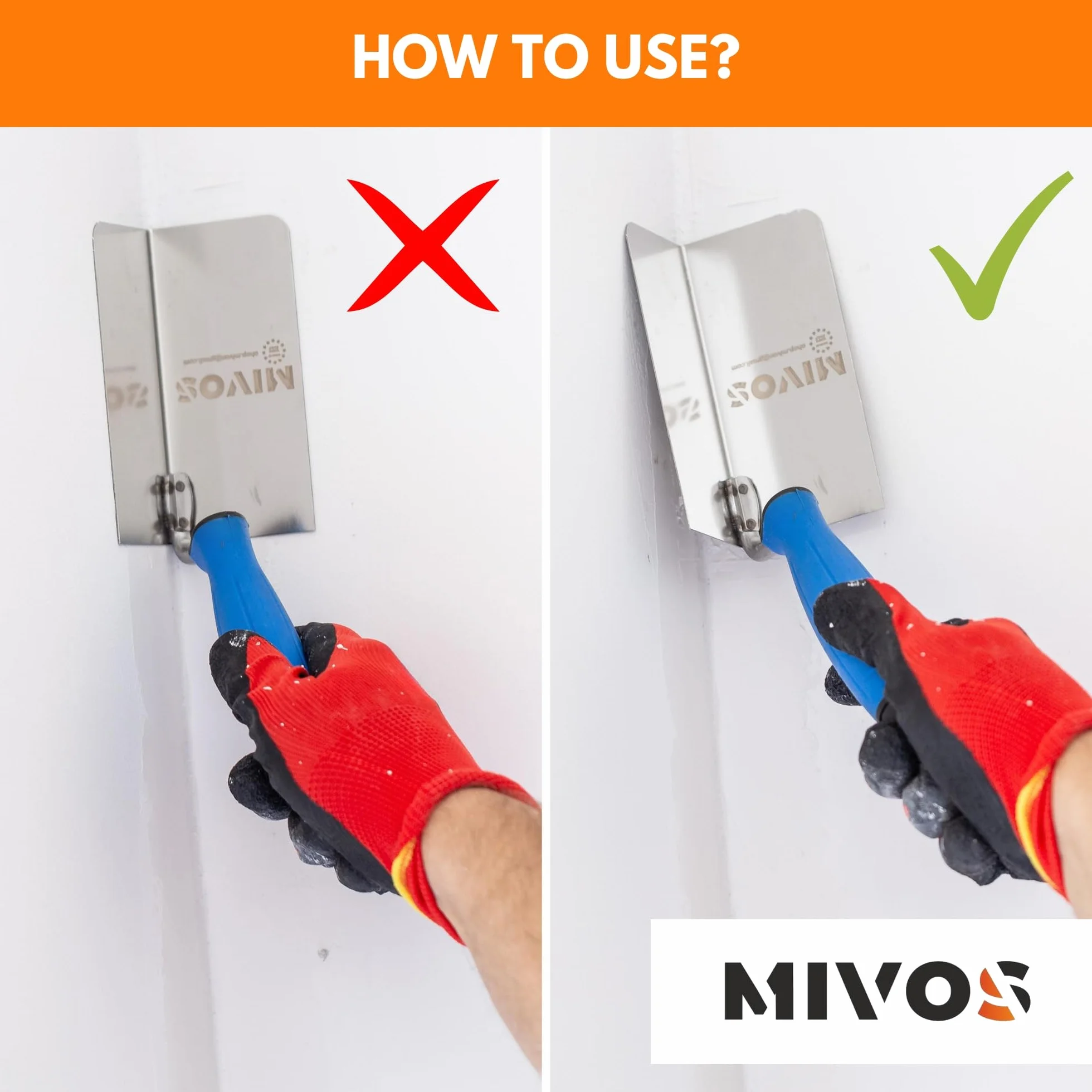 Mivos 2x Cazzuole Angolari Antiruggine 120 x 60 mm - Cazzuola Angolare Interna ed Esterna in Acciaio Inox - Cazzuola per Bordi Interni ed Esterni con Impugnatura Morbida - Spatola Angolare per Stucco