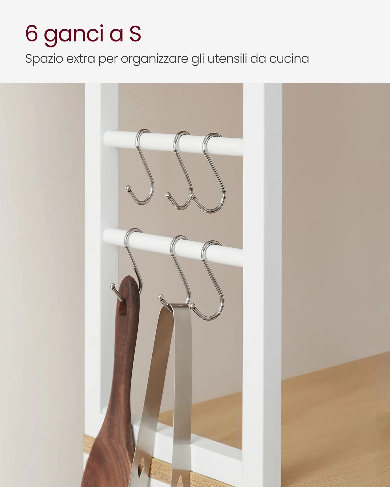 VASAGLE Scaffale Cucina, Mobile Cucina, Scaffale per Microonde, 6 Ripiani, 6 Ganci, Struttura in Acciaio, Stile Rustico, 40 x 60 x 167 cm, Rovere Dorato e Bianco Nuvola KKS024W09