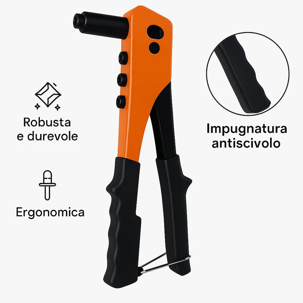 Rivettatrice Manuale Professionale in Acciaio con 4 Adattatori 2.4-4.8 mm