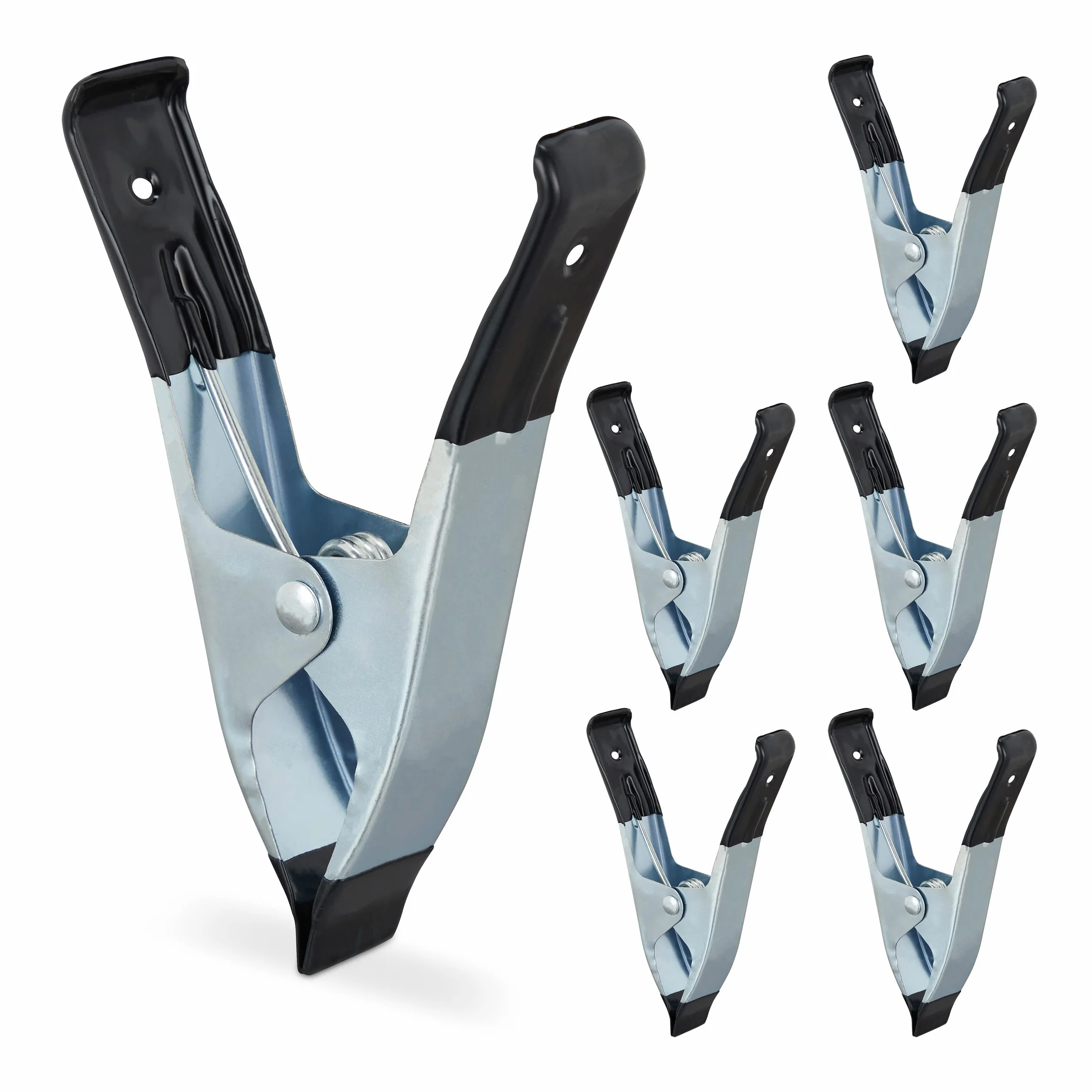 Relaxdays Morsetti a Molla in Metallo, Set da 6 Maxi Pinze con 50 mm di Apertura, Mollette per Foto & Bricolage, Nero