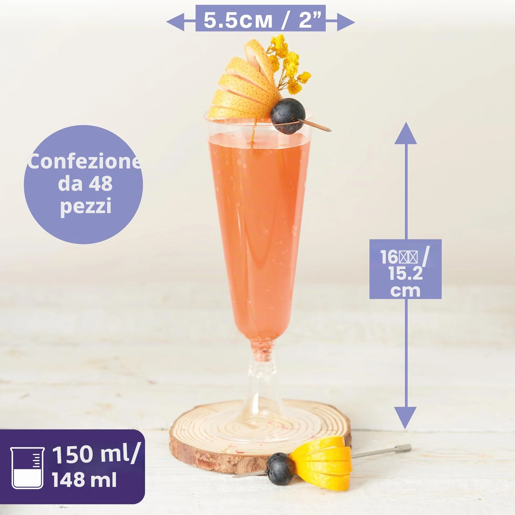 Matana 48 Flute in Plastica 150ml - Calici Plastica Rigida Lavabili Riutilizzabili Bicchieri Spumante Prosecco Champagne