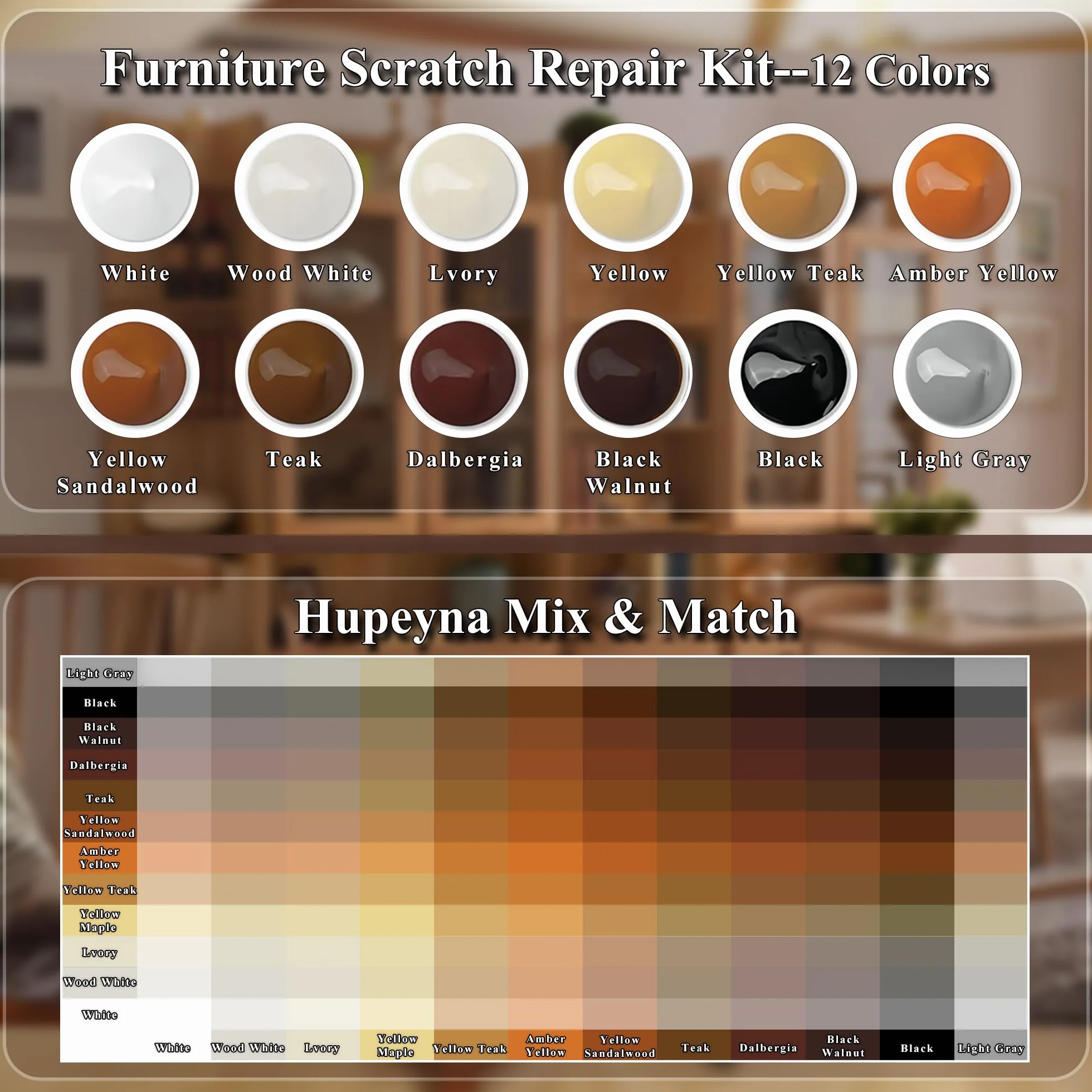 Kit Riparazione Legno, 12 Colori Stucco per Legno, Kit di Riparazione per Mobili, Riparazione di Graffi, Crepe, Scolorimento per Mobili in Legno, Porte, Armadietti, Pavimenti, Tavoli, Ritocco Legno