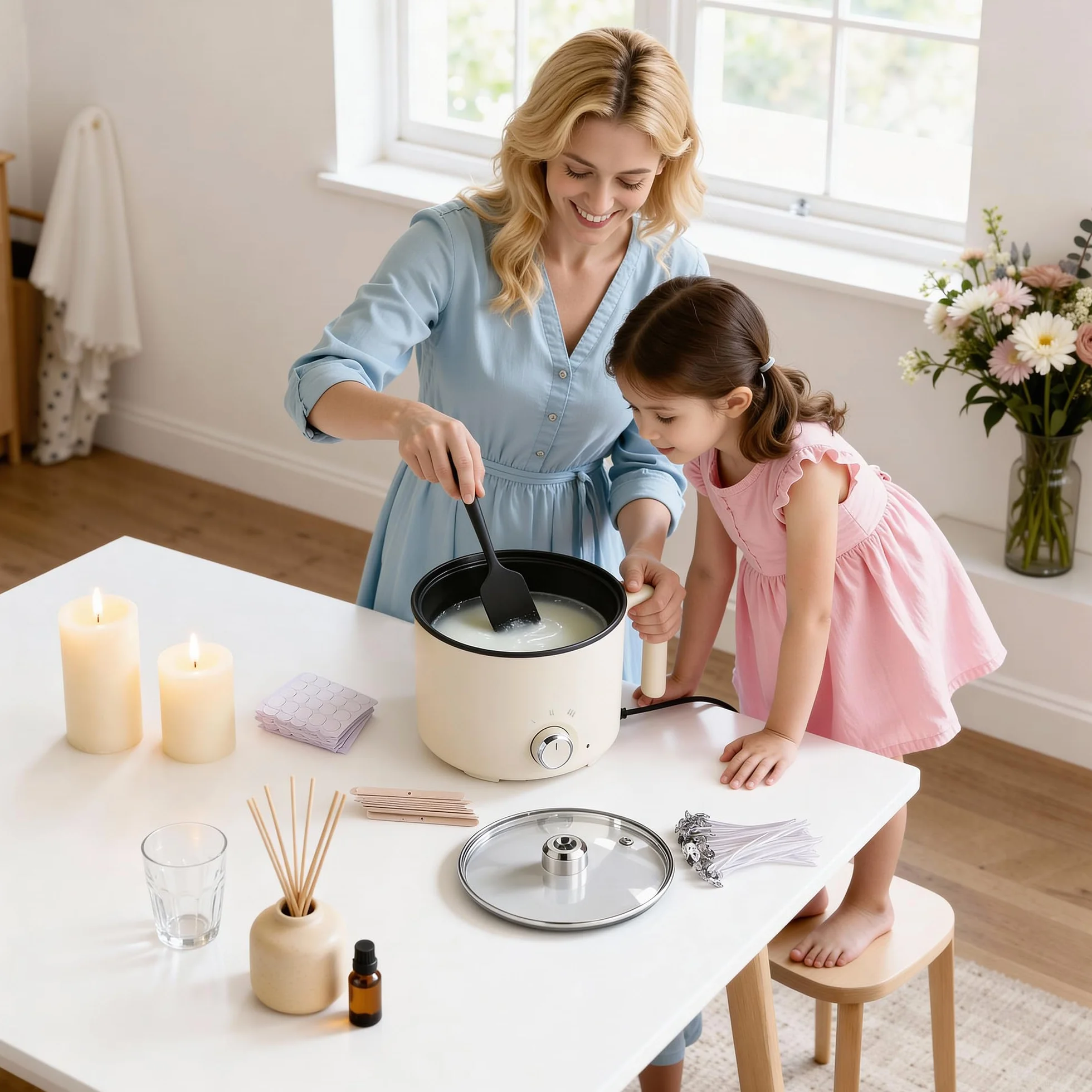 Sciogli Cera per Candele , 1,8L Fusore di Cera Elettrico，Kit Candele Fai da Te con Beccuccio Versatore, Fonditore Elettrico, Stoppino, Adesivo per Stoppini, Centraggio, Cucchiaio per Mescolare