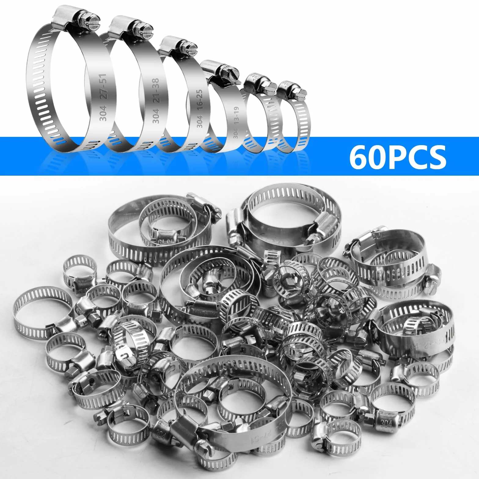 60 Pezzi Fascette Stringitubo Set, Fascetta Stringitubo Regolabile 6-51mm Metalliche, Fascette a Vite in Acciaio Inox, per Lavatrice, Tubi Piscina, Giardino, Tubi Gas, Acqua, Auto