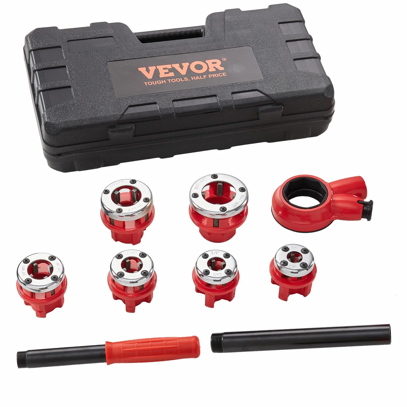 VEVOR Kit di Filettatura dei Tubi con Cricchetto Set di 6 Matrici 1/4" NPT-1-1/4" NPT Teste Idrauliche Manuali Portatili in Valigetta per Tubi, Kit di Strumenti per Filettare Tubi a Cricchetto Manuale