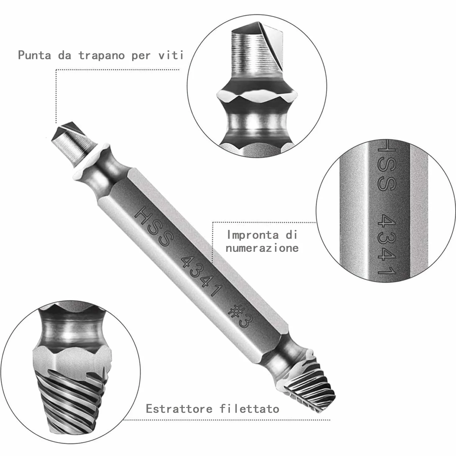6 Pcs Estrattori Viti Danneggiate, Estrattore Viti Spanate, Dispositivo Di Rimozione Bullone Rotto In Acciaio H.S.S 4341# per Danneggiati/Spellati