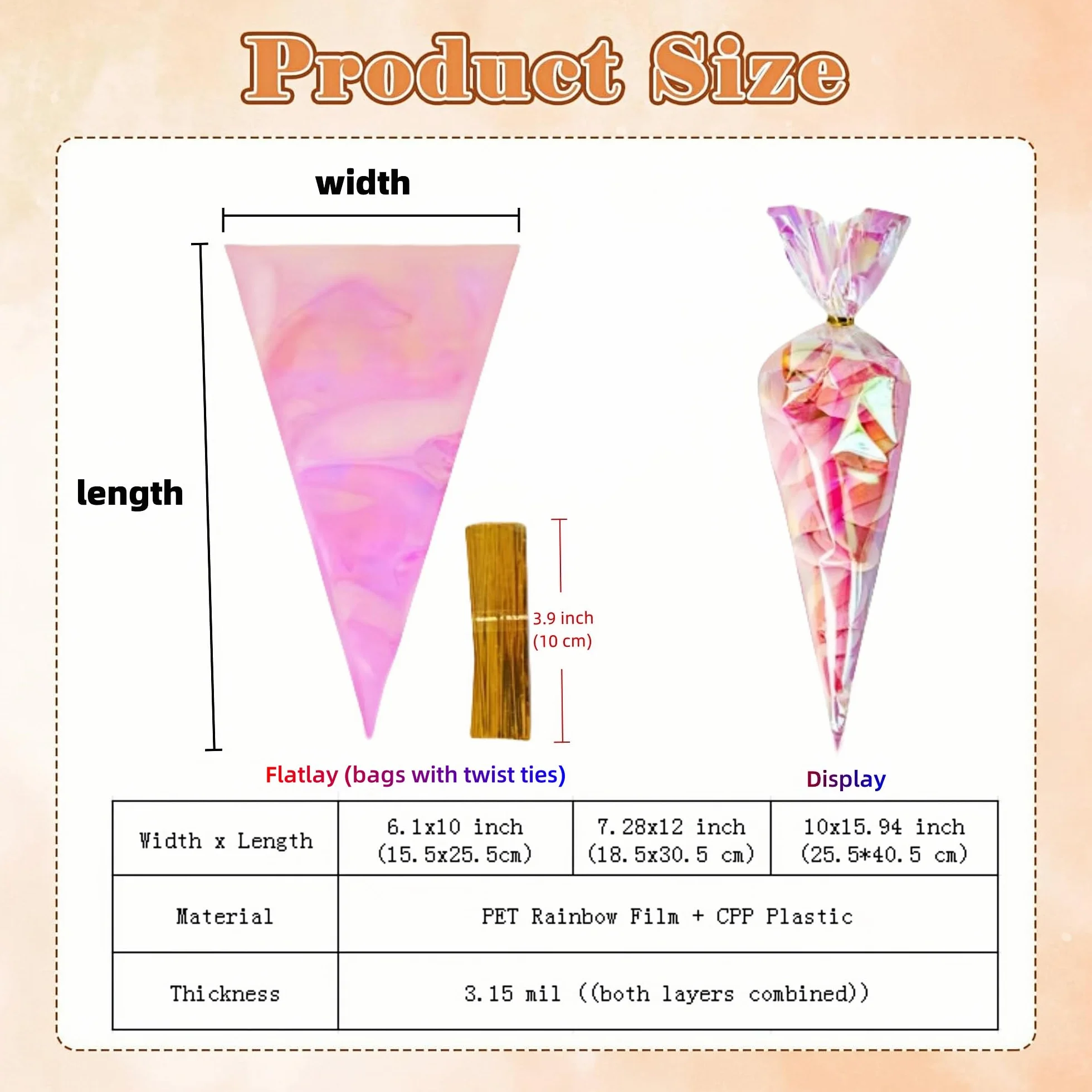 WACCOMT Pack 50 Sacchetti Regalo in Cellophane Olografico Iridescente a Forma di Cono con Chiusura a Laccio Sacchetti di Plastica per Bomboniere (Trasparente, 15.5x25.5cm (6.1x10 inch))