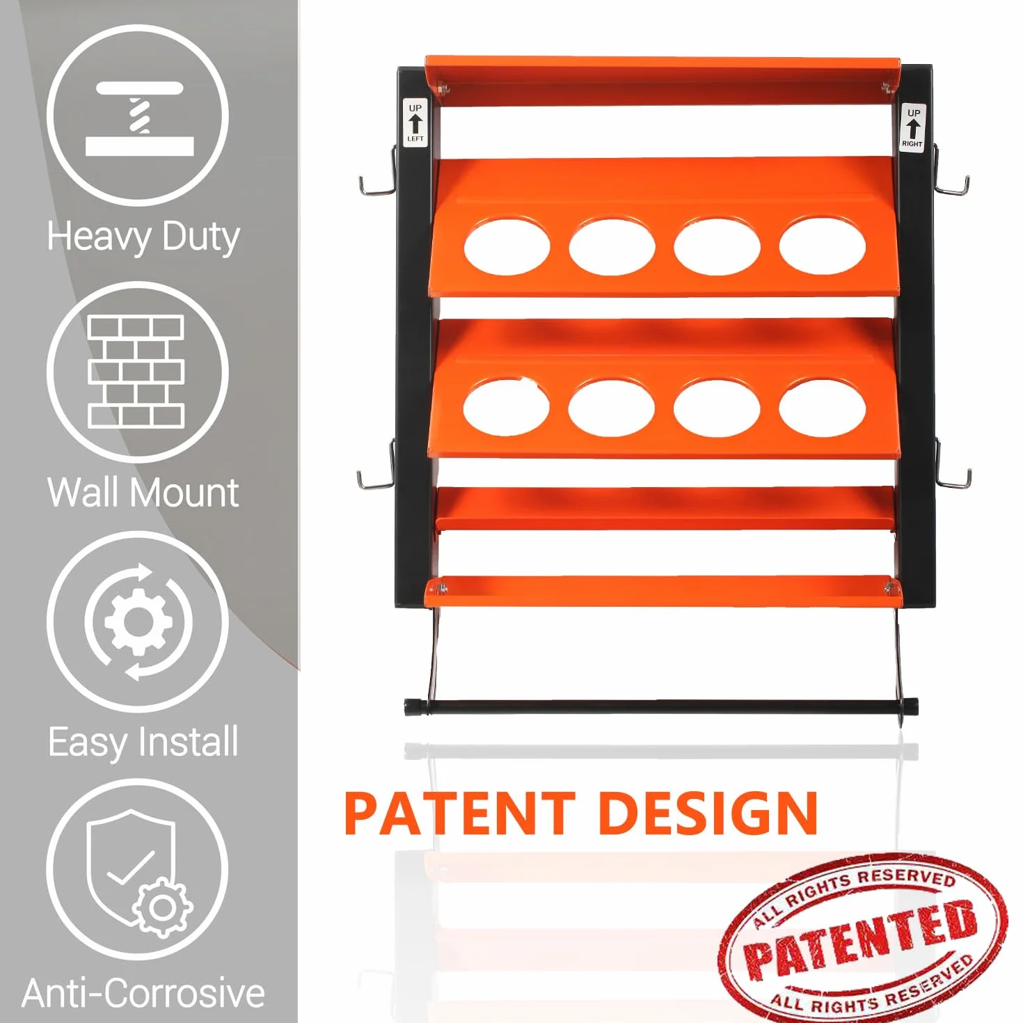 Wallmaster Supporto per bombolette spray, supporto da parete per bombolette lubrificanti, resistente, organizer per bottiglie di vernice per garage e casa, 8 fori per lattine e 2 ripiani