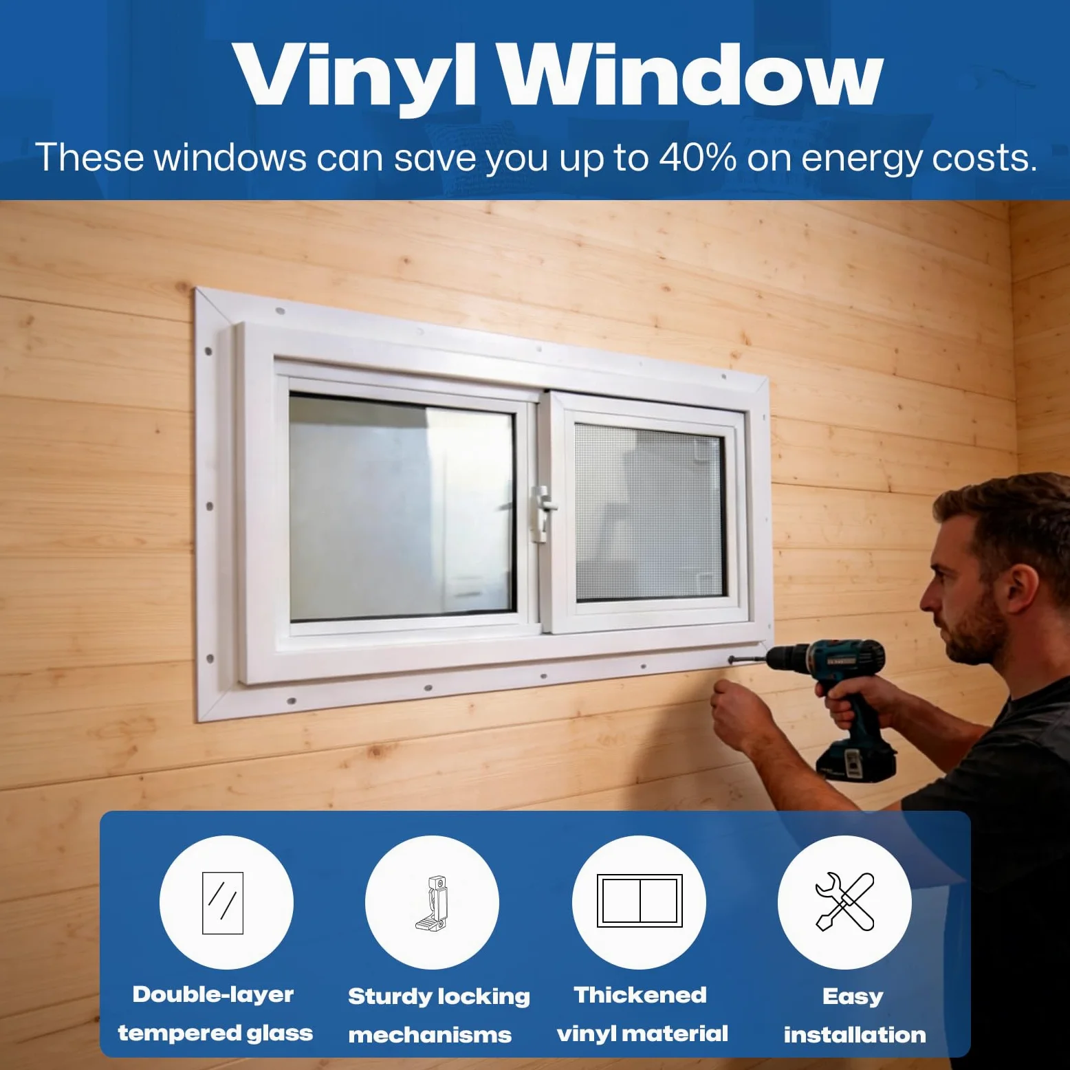 Yuzzy Finestra in vinile da 61 cm x 30,5 cm, con doppio pannello isolato in vetro temperato e schermo in fibra di vetro, finestre scorrevoli resistenti per cantina, bagno, garage, capannone, casa
