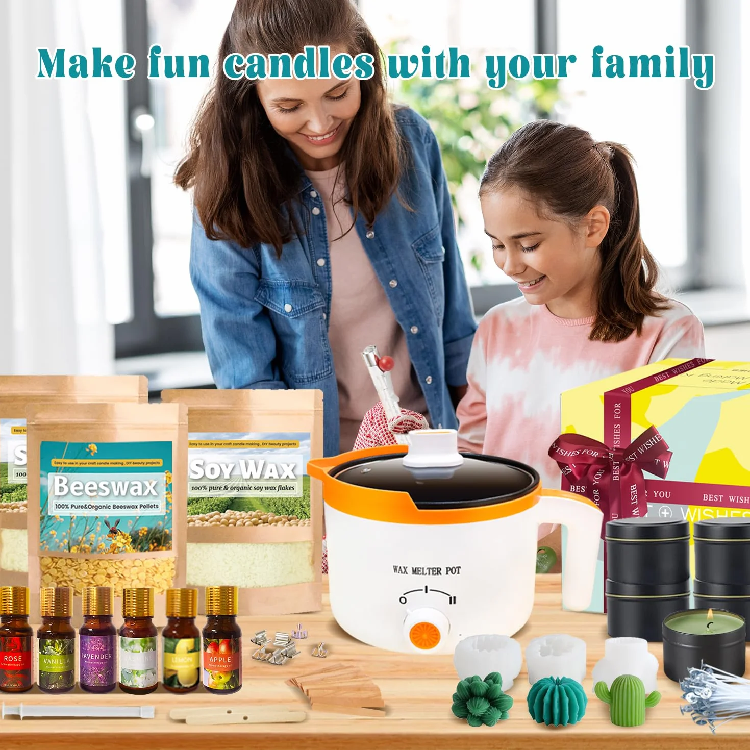 Ksedcon Kit Completo per la Creazione di Candele Profumate per Adulti – Include 900g di Cera di Soia, 454g di Cera d'Api, Set per Candele fai da te con Stampi – Il Regalo Fai-da-te Perfetto