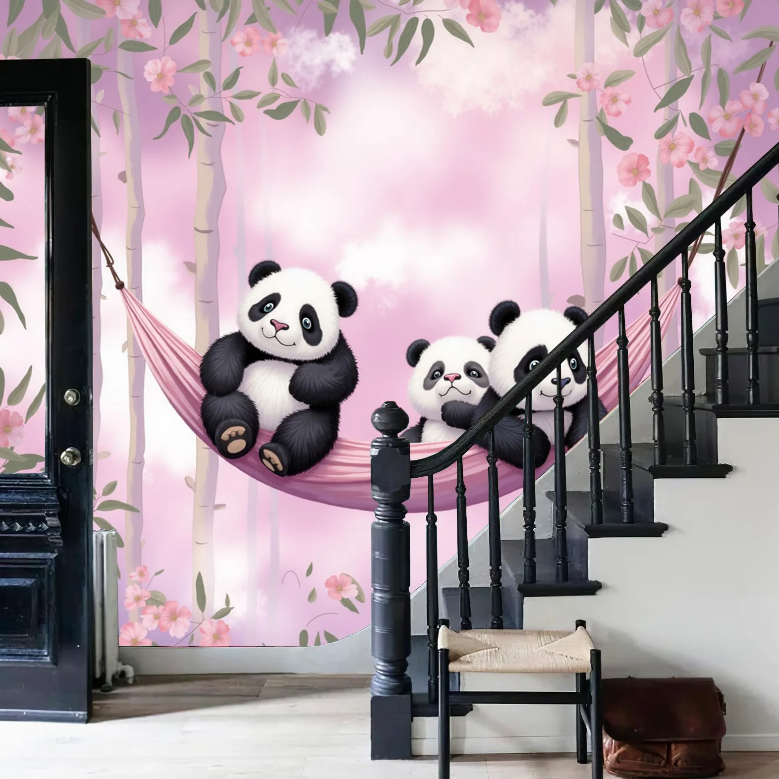 Carta da Parati no Adesiva Muro Fiori e nuvole Carta da Parati Camera da Letto Panda animale per Home DIY Decoration Wall no Adesiva rosa Muro 350x256cm