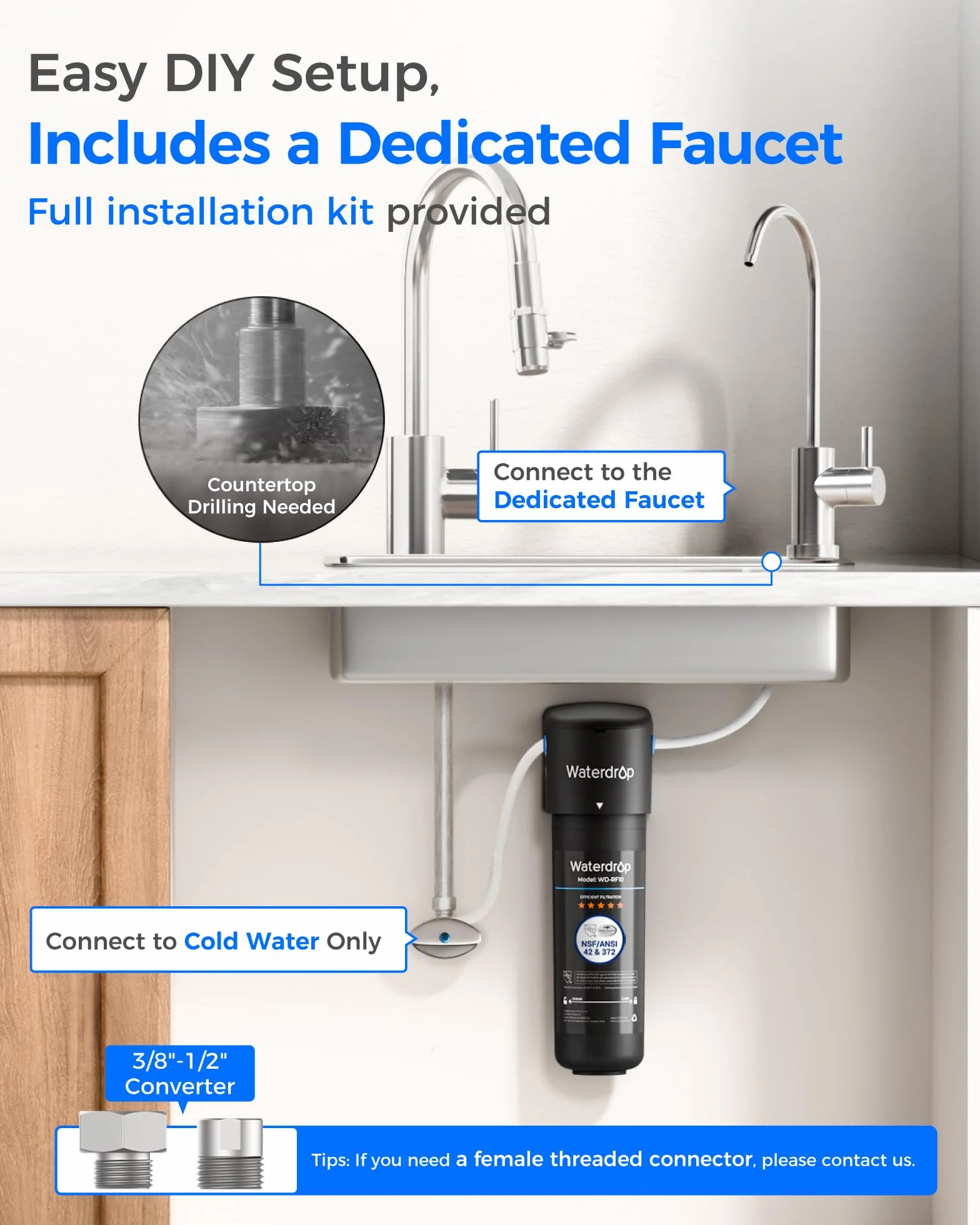 Waterdrop 10UB Filtro Acqua Sistema con Rubinetto Dedicato Goccia, Depuratore Acqua Domestico per 11000 Galloni, Certificato da NSF/ANSI 42, Rimuove 99.99% di Piombo, Cloro, Cattivo