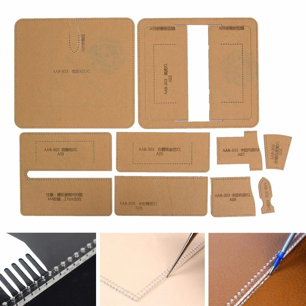 Kit modello di portafogli in pelle con stencil in acrilico trasparente per artigianato in pelle fai-da-te