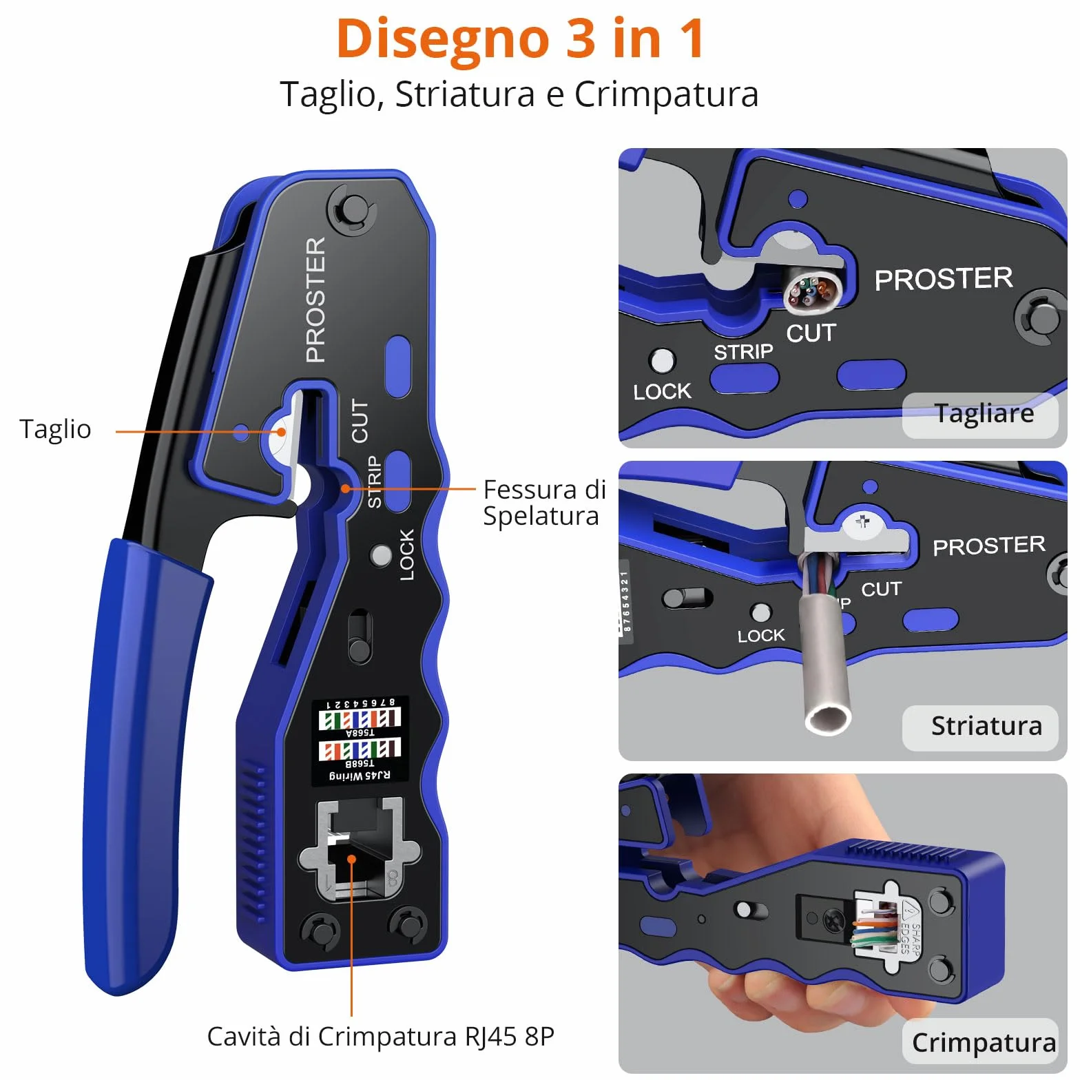 Proster Pinza Crimpatrice RJ45 Professionale Pass Through Multifunzione Spelafili per Cavo Rete per Connettori Strumento Crimpatura per RJ45 CAT5 CAT6/CAT6A RJ45 Kit Crimper Ethernet